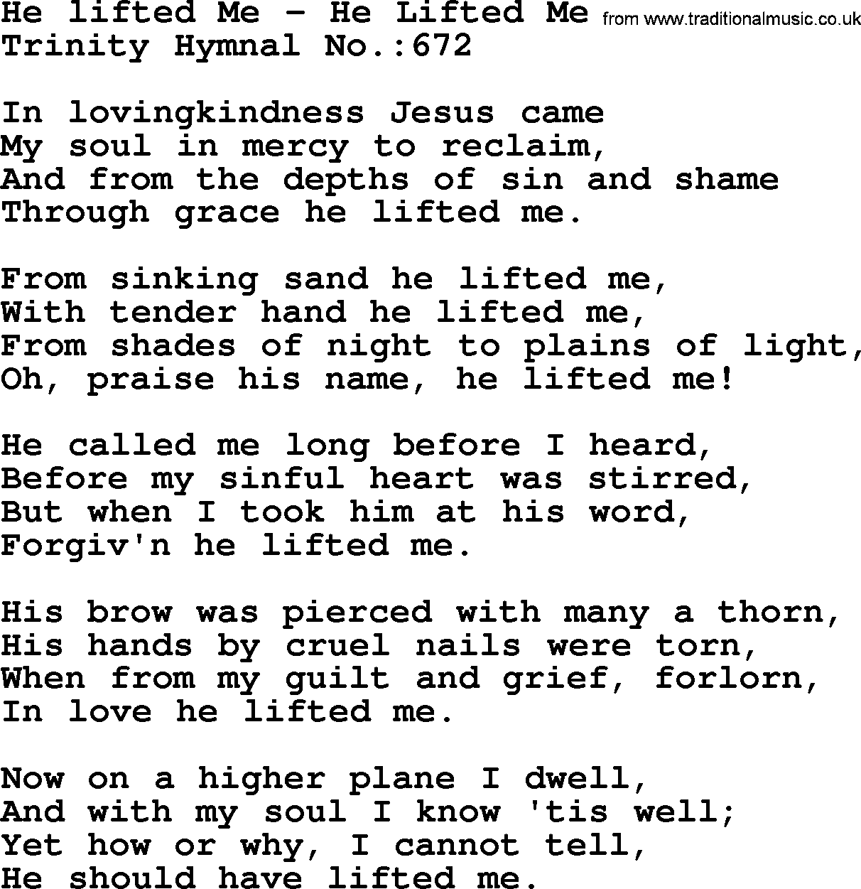 Trinity Hymnal Hymn: He Lifted Me--He Lifted Me, lyrics with midi music