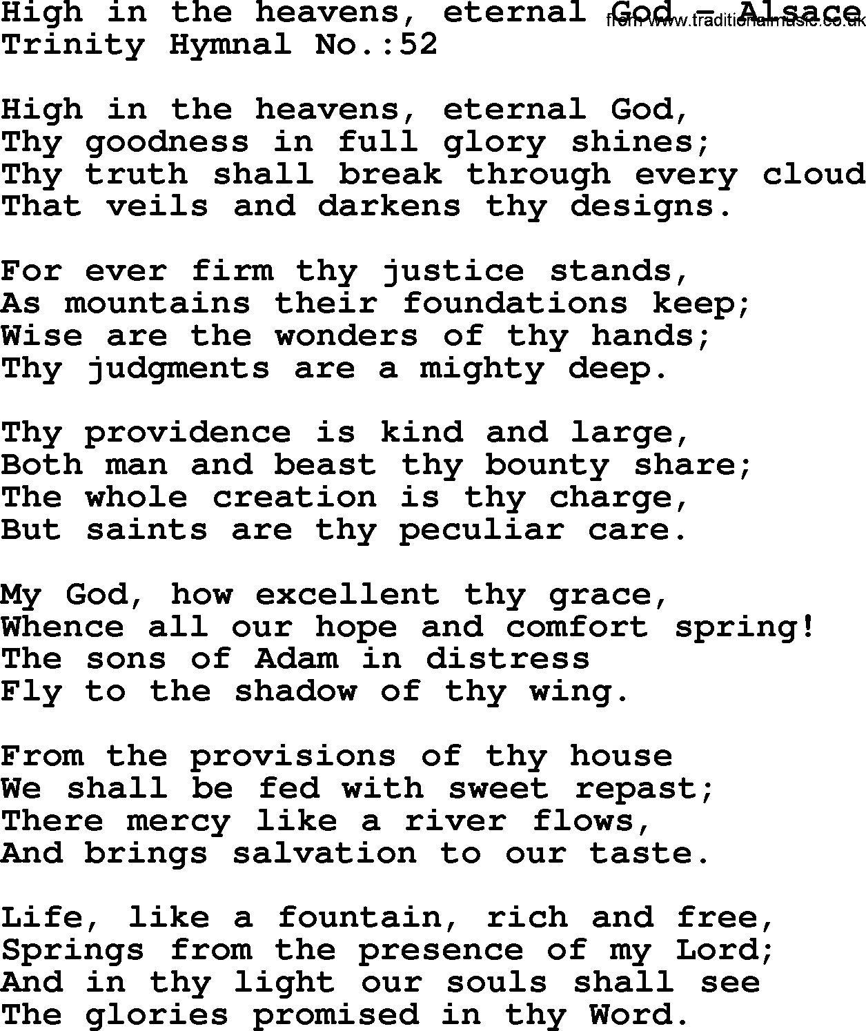 Trinity Hymnal Hymn: High In The Heavens, Eternal God--Alsace, lyrics with midi music