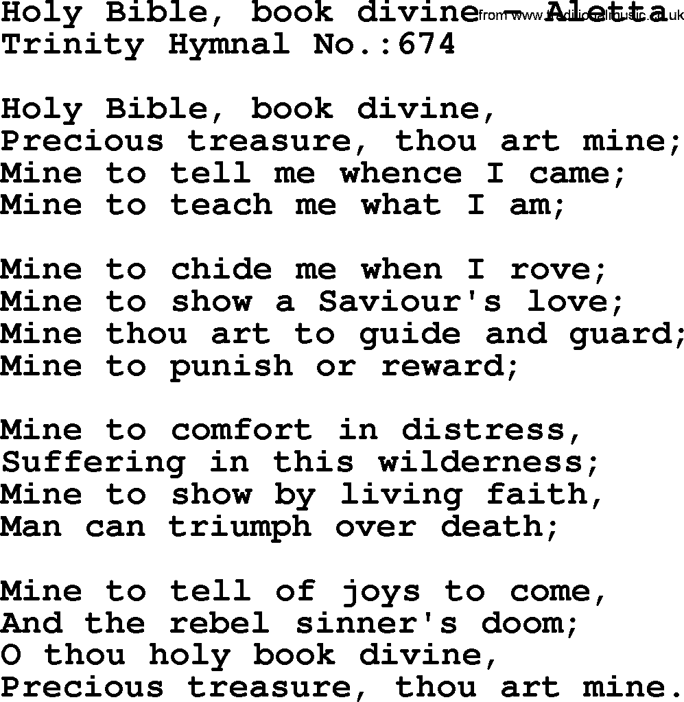 Trinity Hymnal Hymn: Holy Bible, Book Divine--Aletta, lyrics with midi music