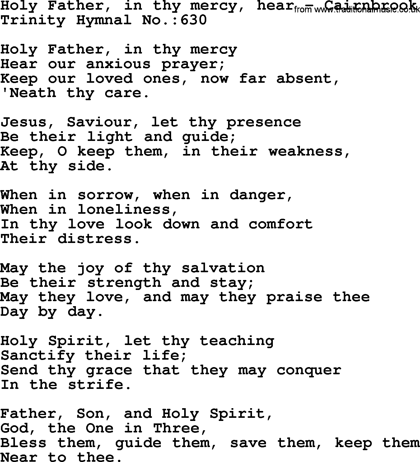 Trinity Hymnal Hymn: Holy Father, In Thy Mercy, Hear--Cairnbrook, lyrics with midi music