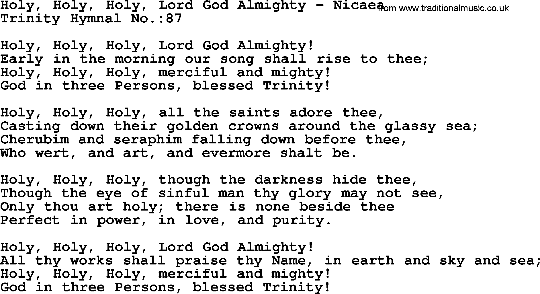Trinity Hymnal Hymn: Holy, Holy, Holy, Lord God Almighty--Nicaea, lyrics with midi music