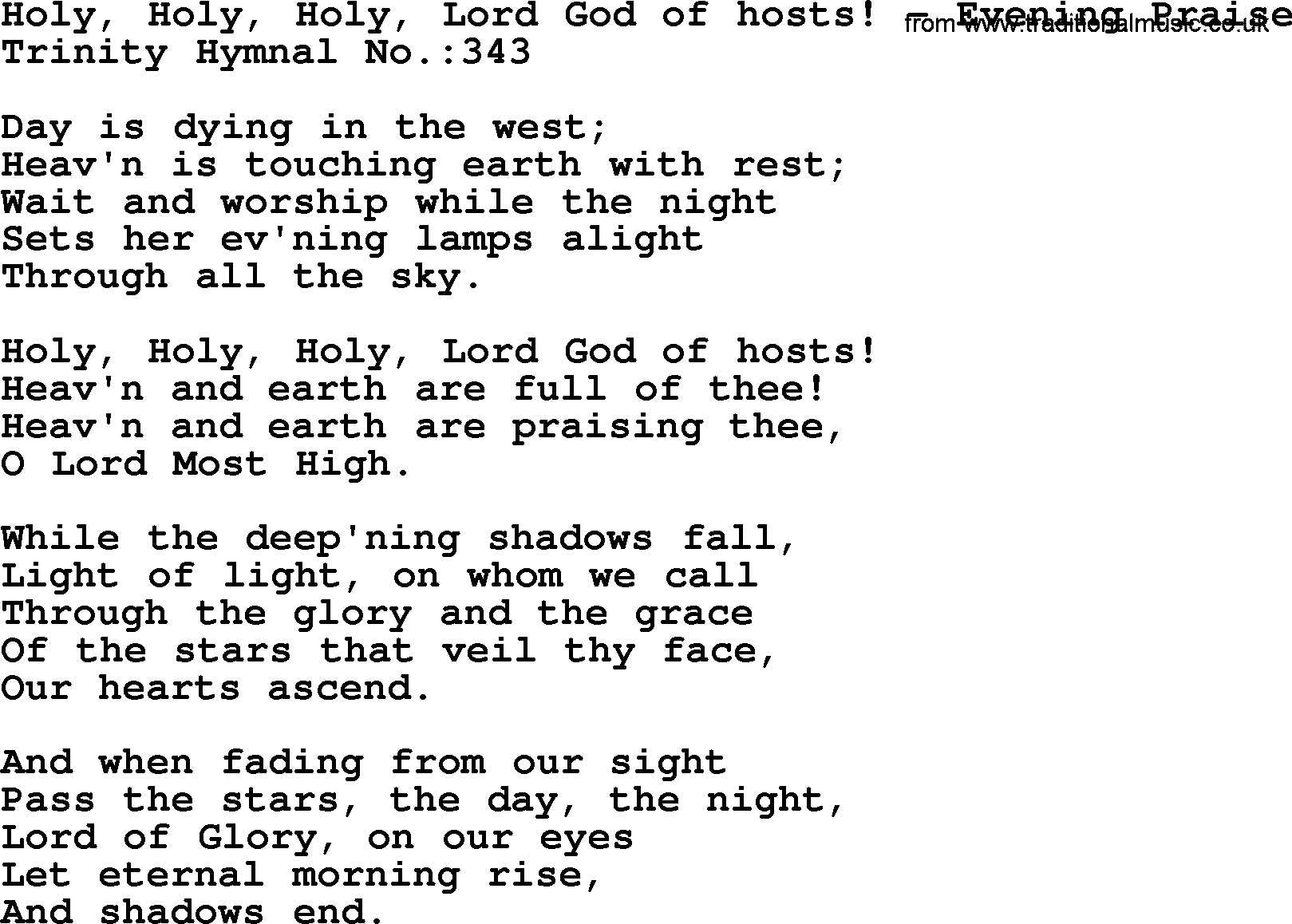Trinity Hymnal Hymn: Holy, Holy, Holy, Lord God Of Hosts!--Evening Praise, lyrics with midi music