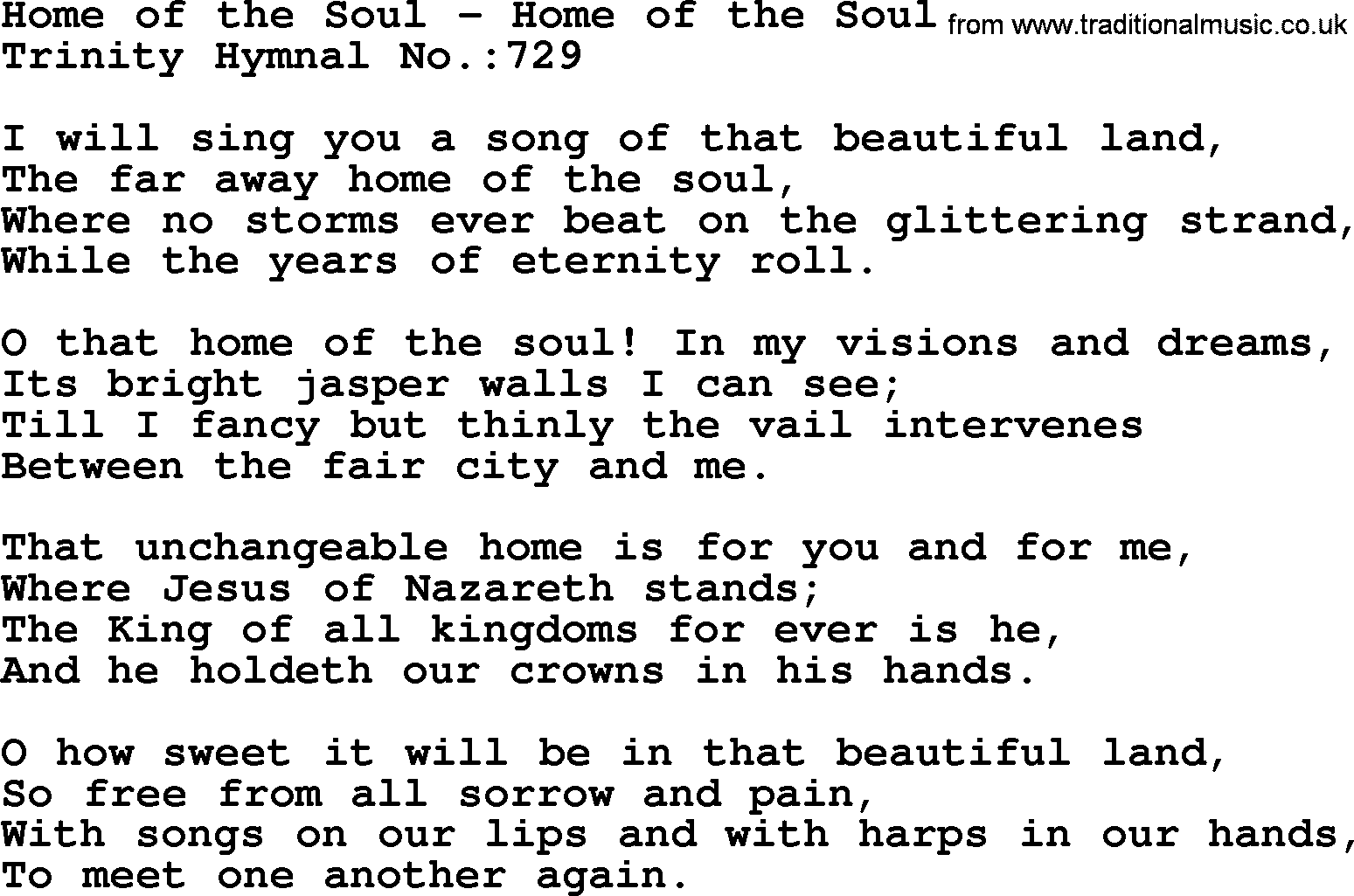 Trinity Hymnal Hymn: Home Of The Soul--Home Of The Soul, lyrics with midi music
