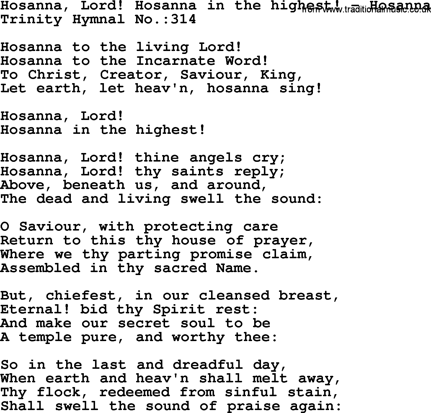 Trinity Hymnal Hymn Hosanna Lord Hosanna In The Highest Hosanna Lyrics Midi And Pdf
