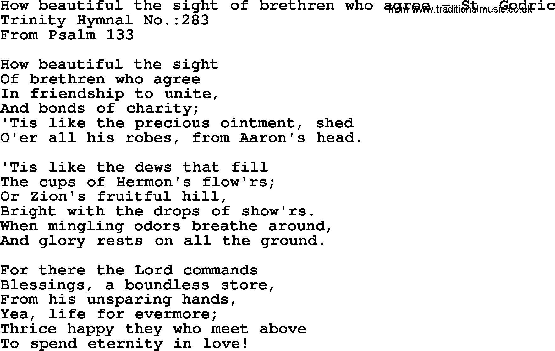Trinity Hymnal Hymn: How Beautiful The Sight Of Brethren Who Agree--St. Godric, lyrics with midi music