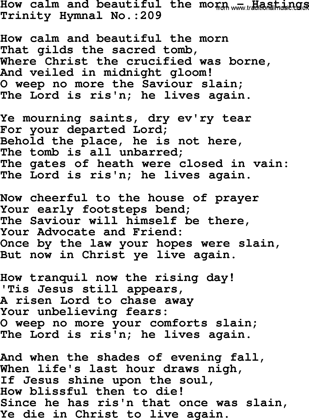 Trinity Hymnal Hymn: How Calm And Beautiful The Morn--Hastings, lyrics with midi music