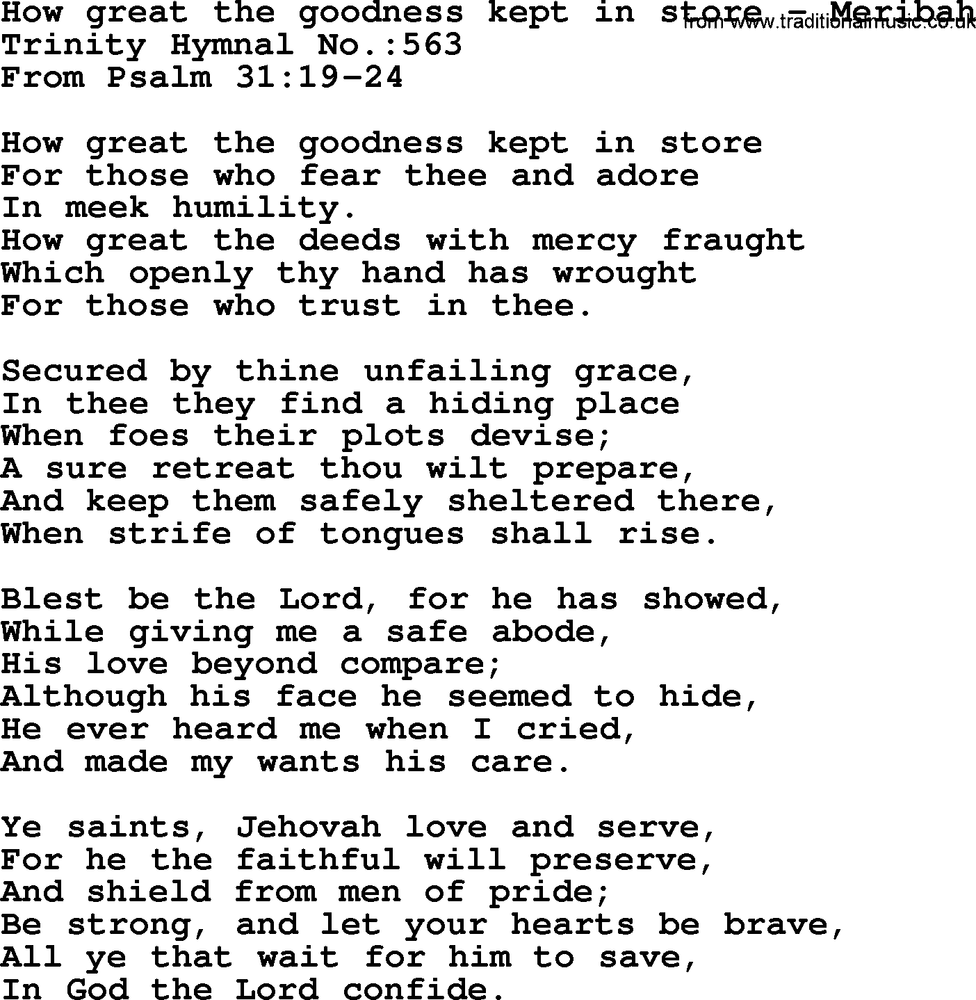 Trinity Hymnal Hymn: How Great The Goodness Kept In Store--Meribah, lyrics with midi music