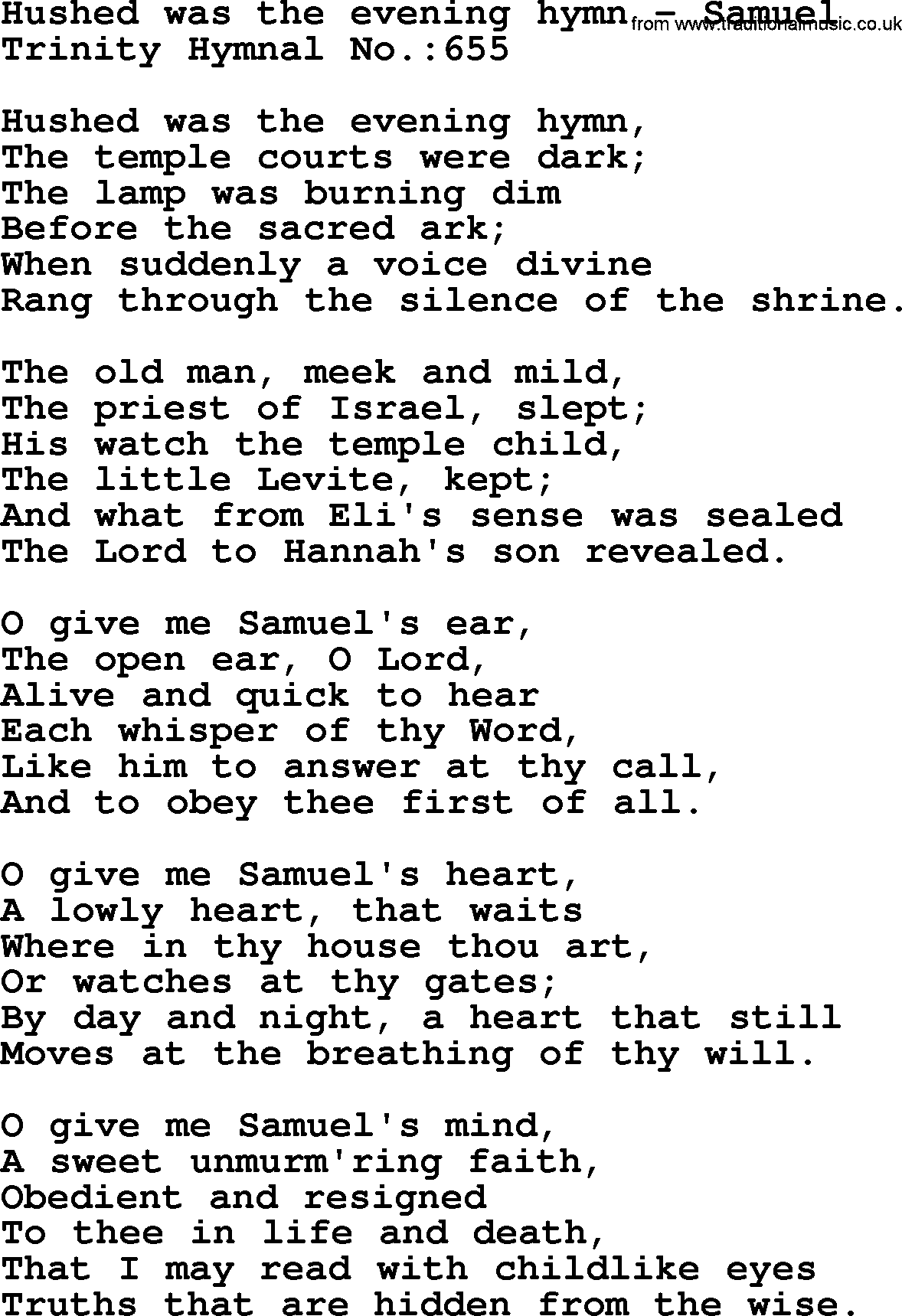 Trinity Hymnal Hymn: Hushed Was The Evening Hymn--Samuel, lyrics with midi music