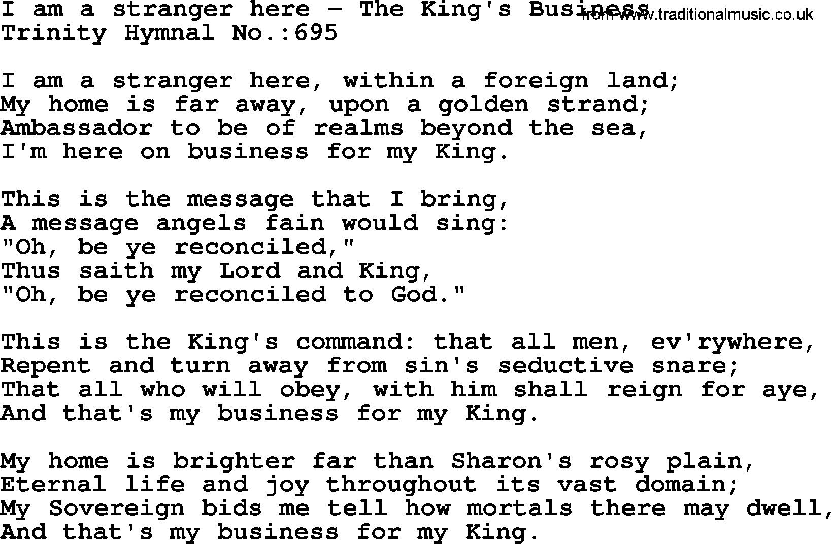 Trinity Hymnal Hymn: I Am A Stranger Here--The King's Business, lyrics with midi music