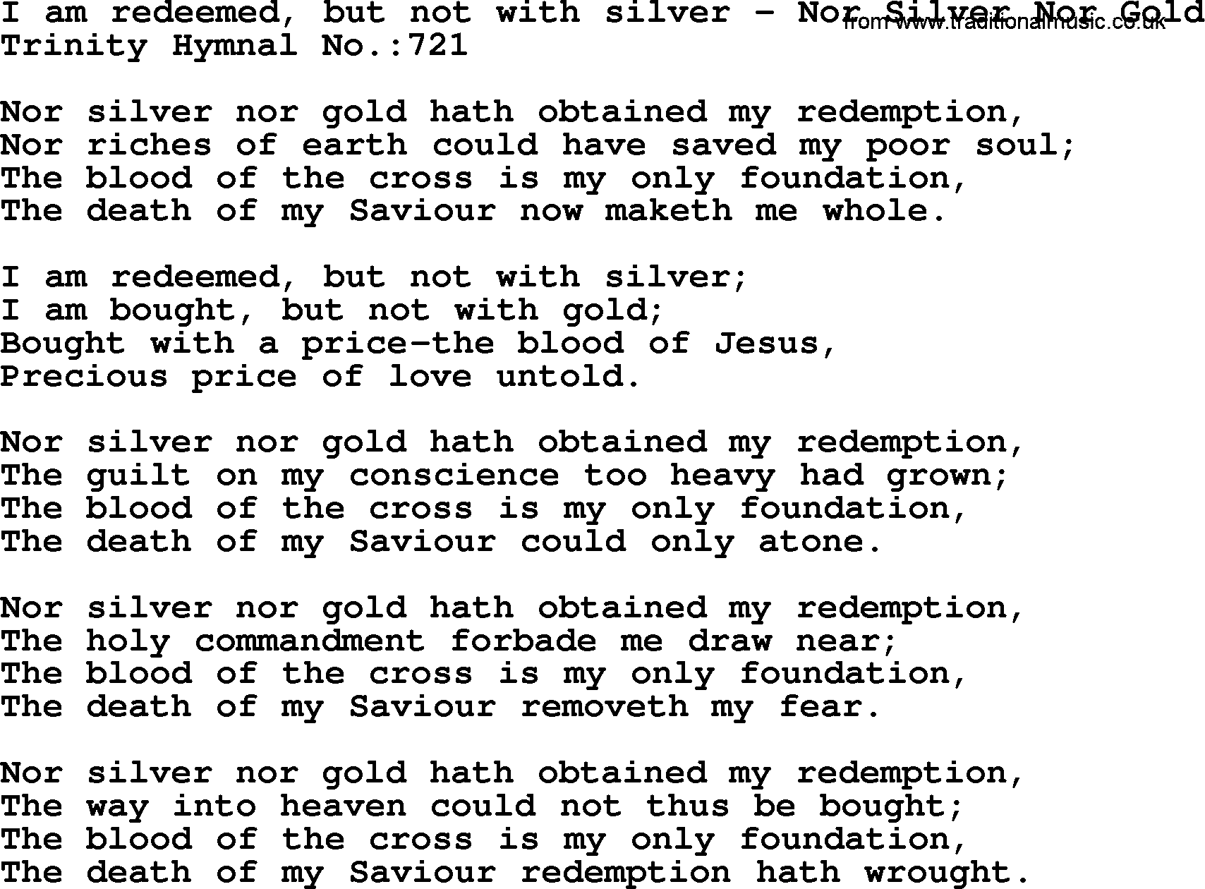 Trinity Hymnal Hymn: I Am Redeemed, But Not With Silver--Nor Silver Nor Gold, lyrics with midi music