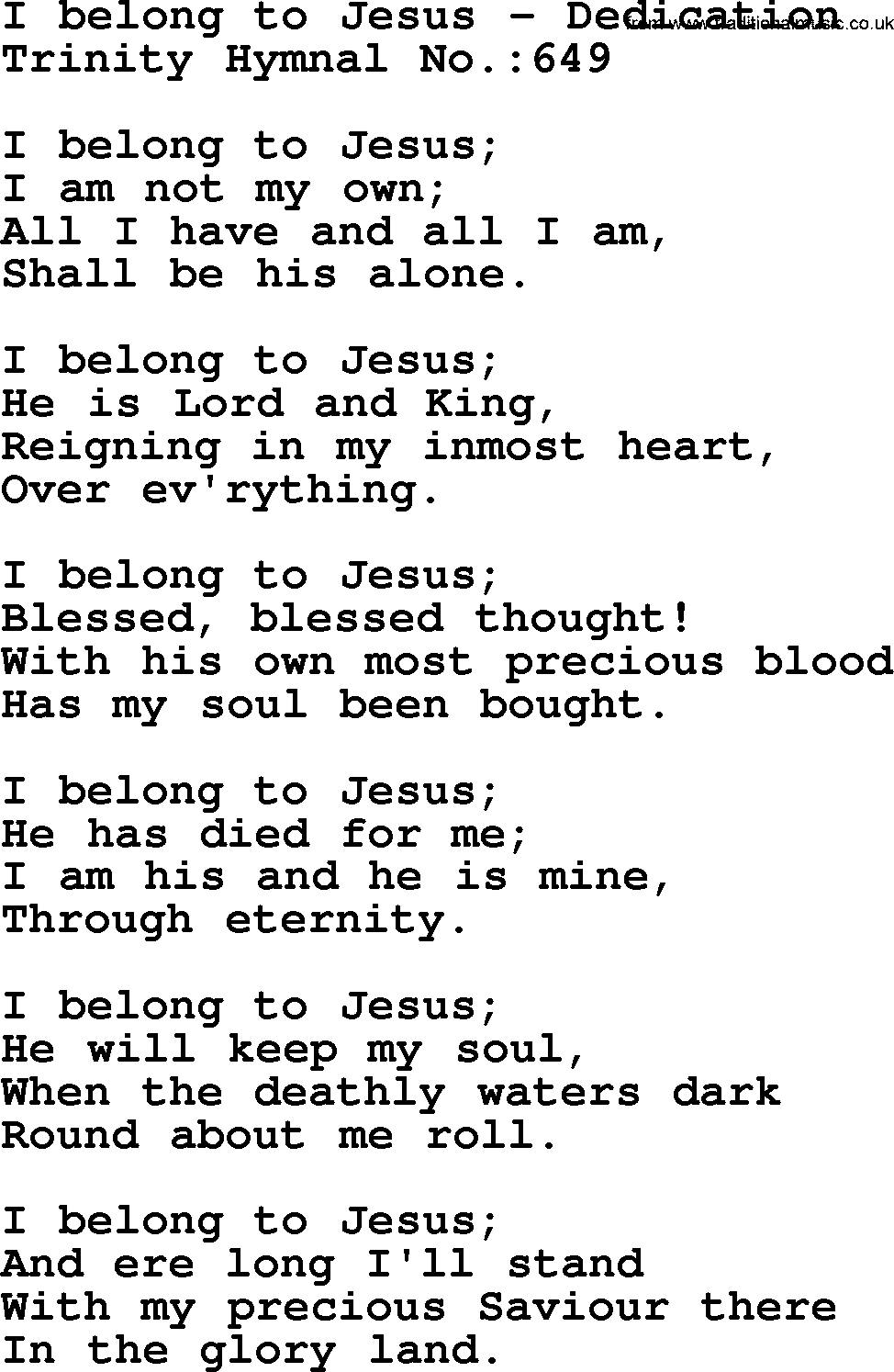 Trinity Hymnal Hymn: I Belong To Jesus--Dedication, lyrics with midi music