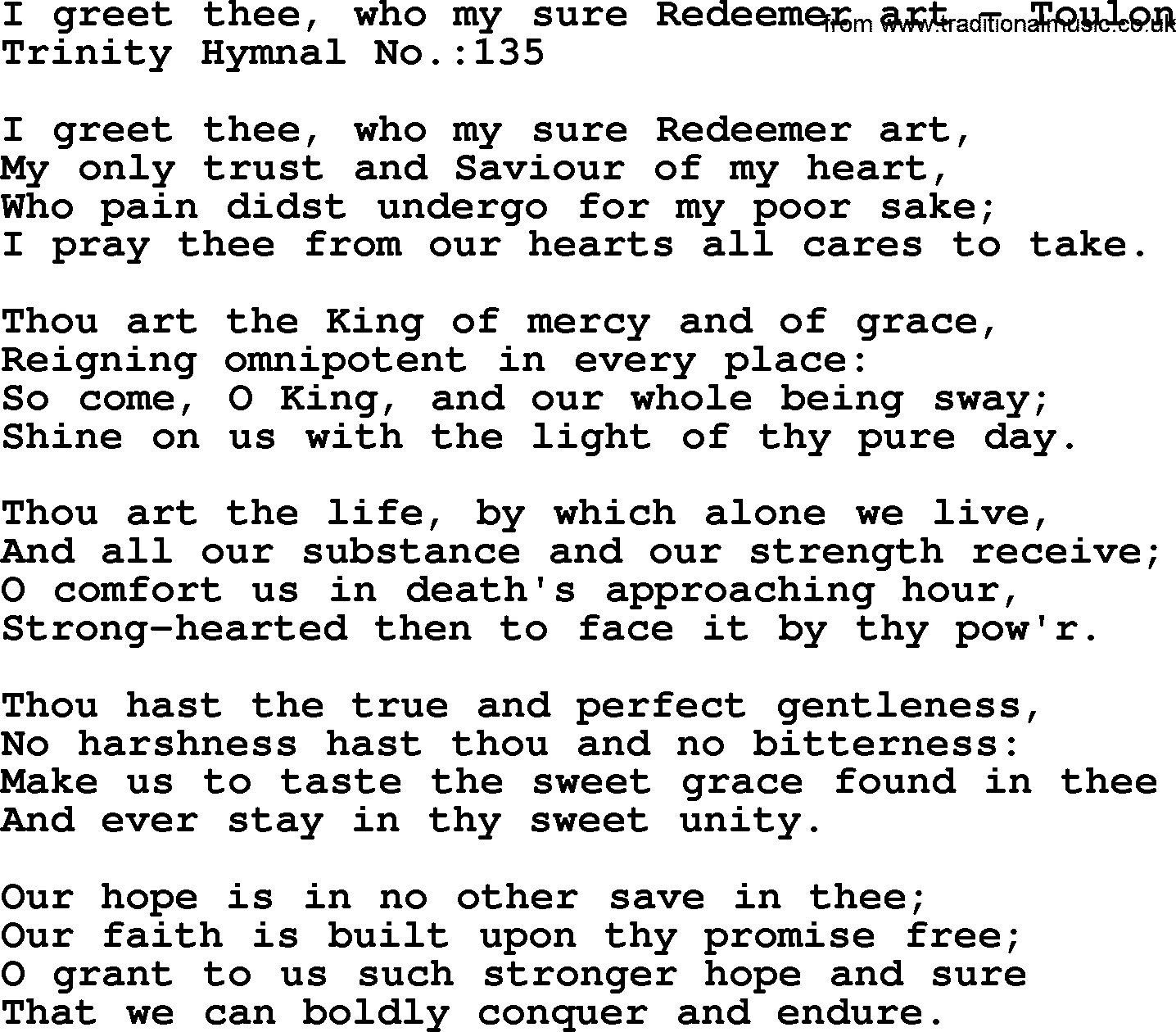 Trinity Hymnal Hymn: I Greet Thee, Who My Sure Redeemer Art--Toulon, lyrics with midi music