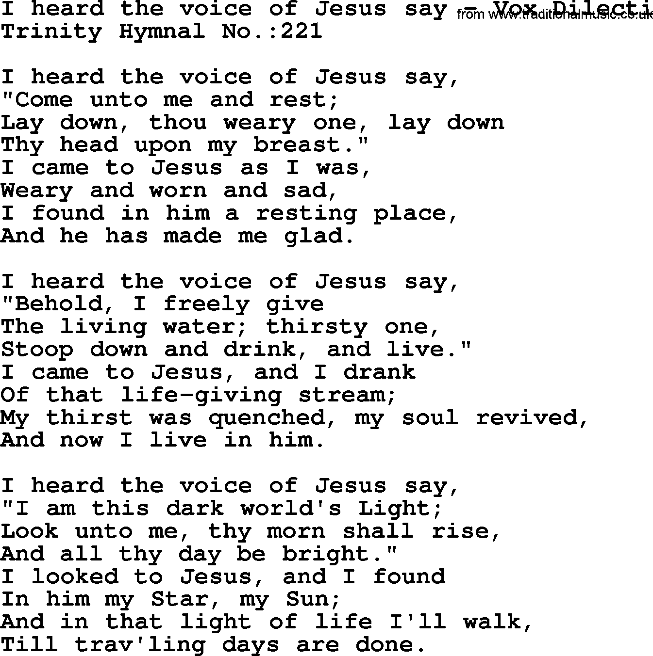 Trinity Hymnal Hymn: I Heard The Voice Of Jesus Say--Vox Dilecti, lyrics with midi music