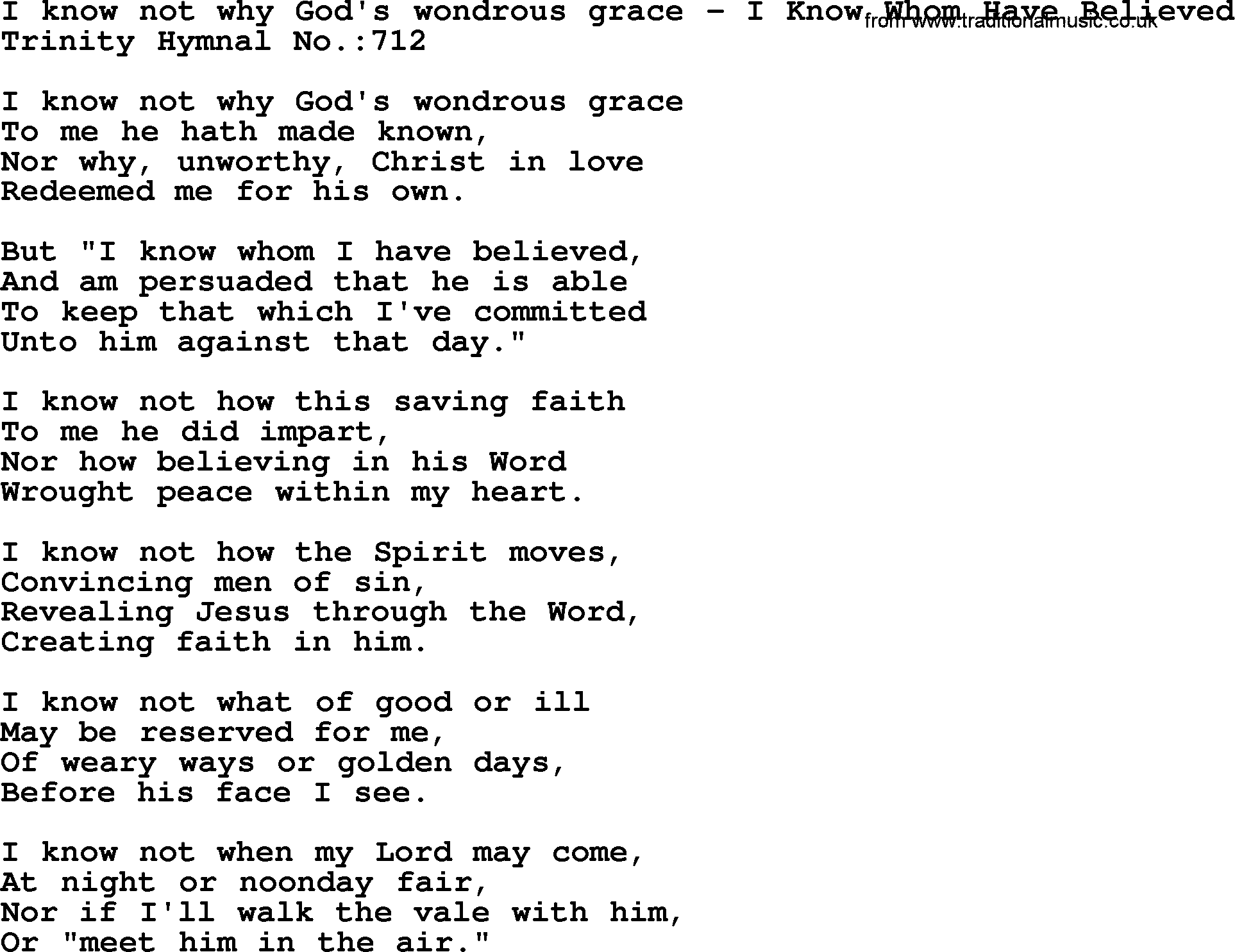 Trinity Hymnal Hymn: I Know Not Why God's Wondrous Grace--I Know Whom Have Believed, lyrics with midi music