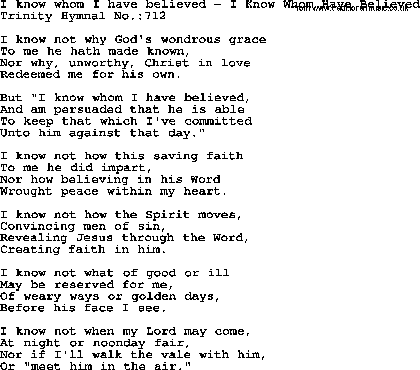 Trinity Hymnal Hymn: I Know Whom I Have Believed--I Know Whom Have Believed, lyrics with midi music