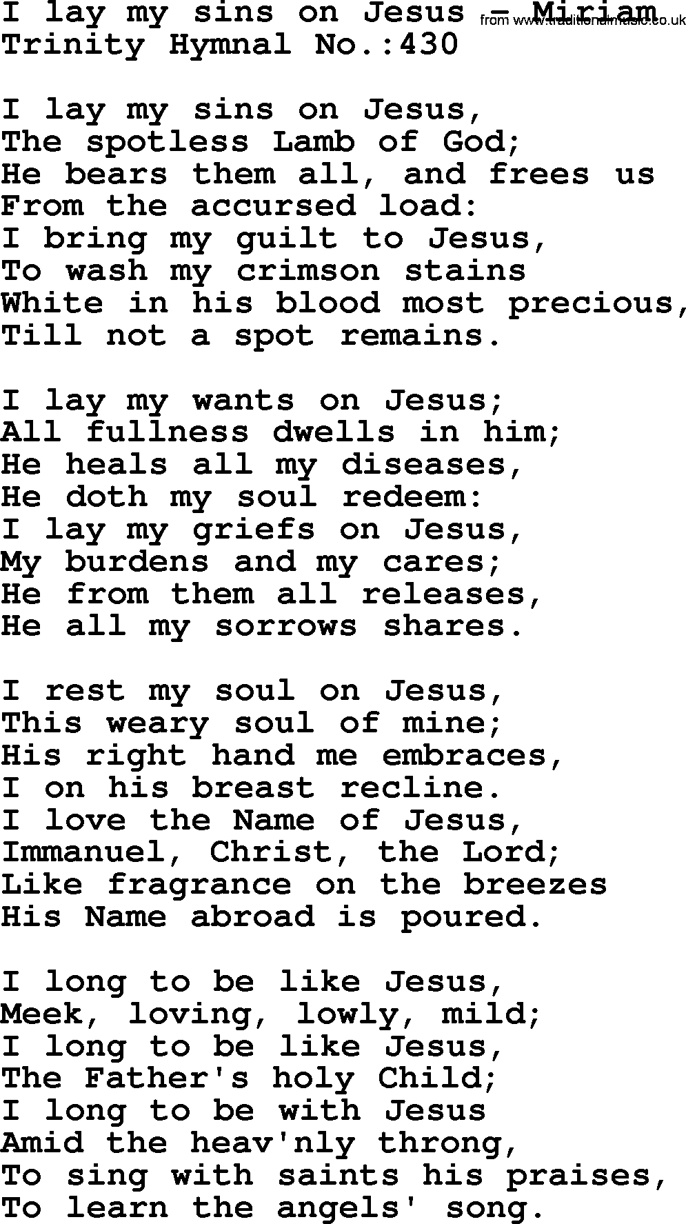 Trinity Hymnal Hymn: I Lay My Sins On Jesus--Miriam, lyrics with midi music
