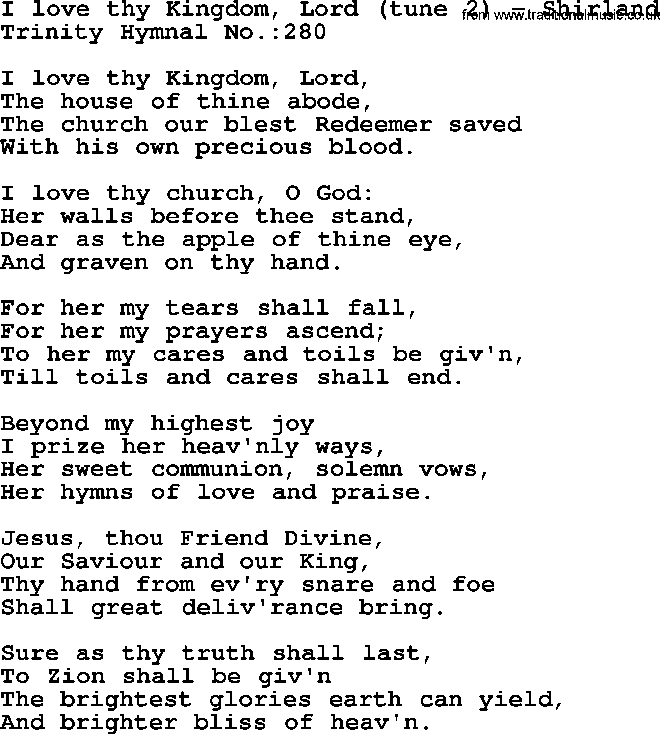 Trinity Hymnal Hymn: I Love Thy Kingdom, Lord--Shirland, lyrics with midi music