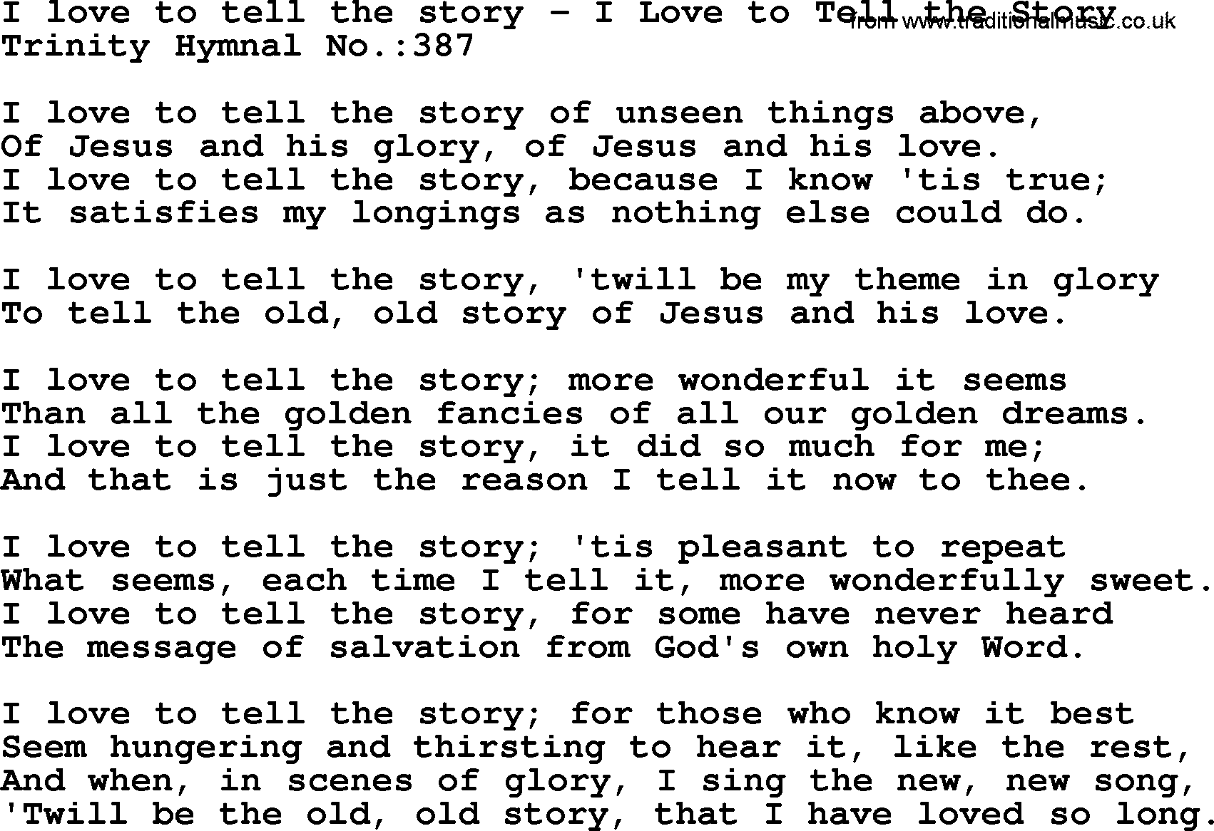 Trinity Hymnal Hymn: I Love To Tell The Story--I Love To Tell The Story, lyrics with midi music