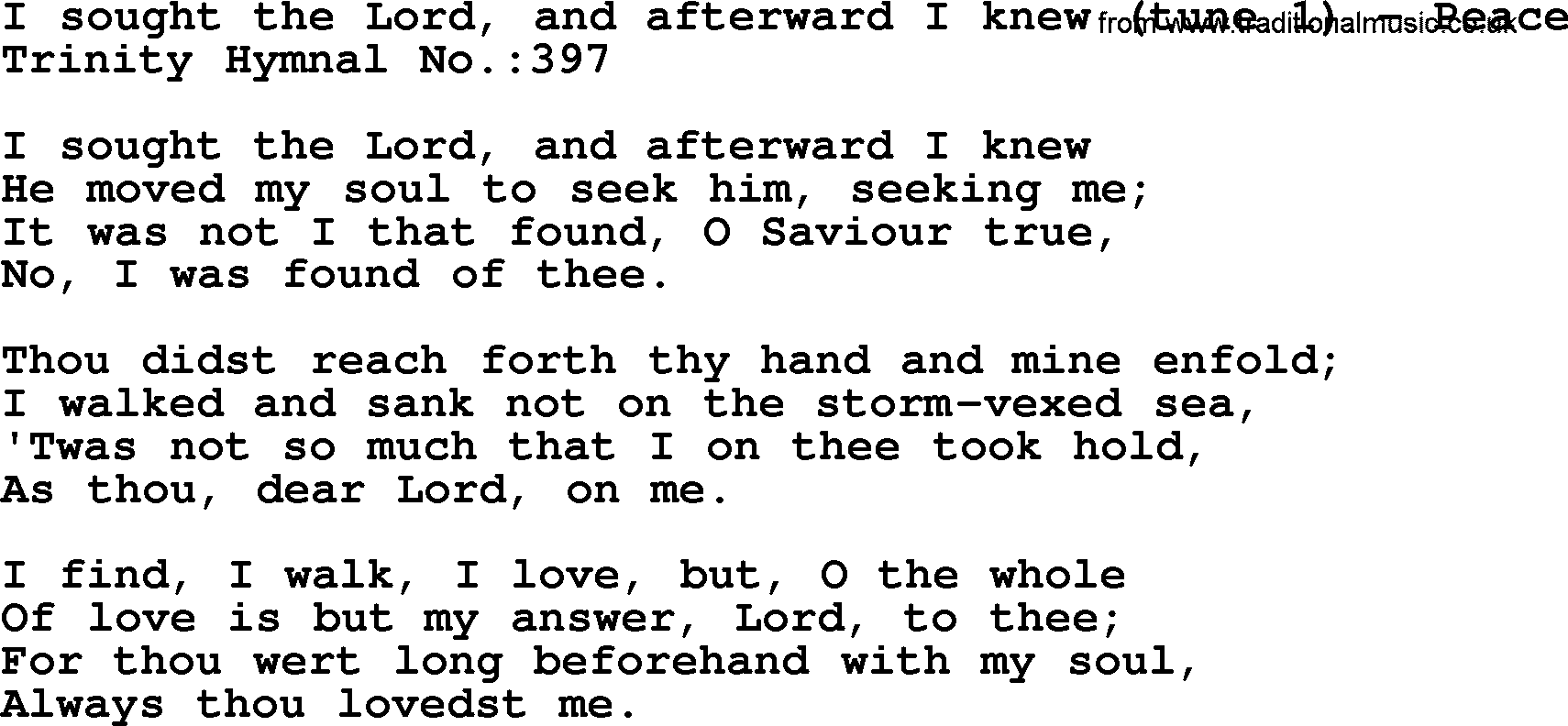 Trinity Hymnal Hymn: I Sought The Lord, And Afterward I Knew--Peace, lyrics with midi music