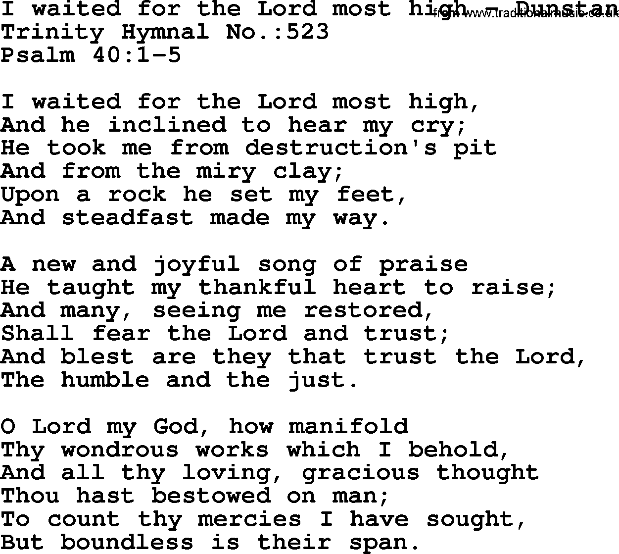 Trinity Hymnal Hymn: I Waited For The Lord Most High--Dunstan, lyrics with midi music