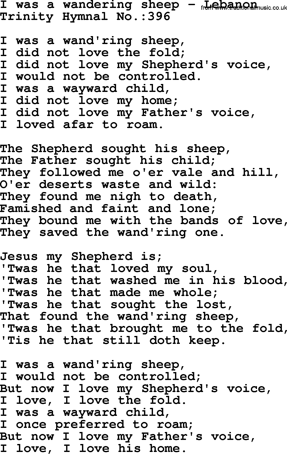 Trinity Hymnal Hymn: I Was A Wandering Sheep--Lebanon, lyrics with midi music