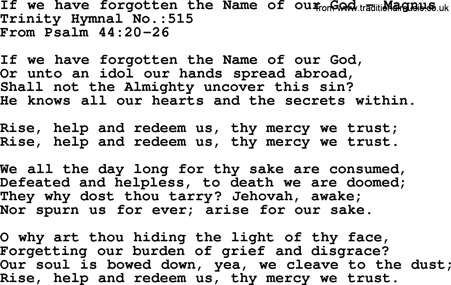 Trinity Hymnal Hymn: If We Have Forgotten The Name Of Our God--Magnus, lyrics with midi music
