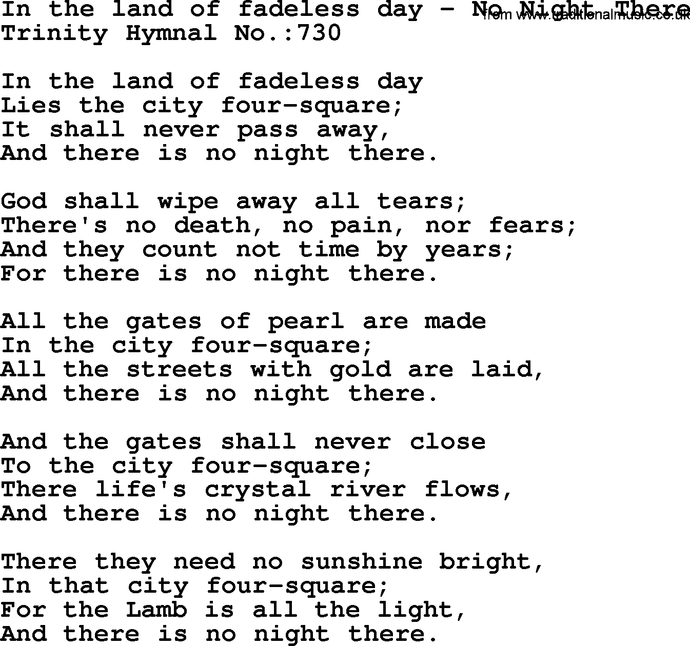 Trinity Hymnal Hymn: In The Land Of Fadeless Day--No Night There, lyrics with midi music
