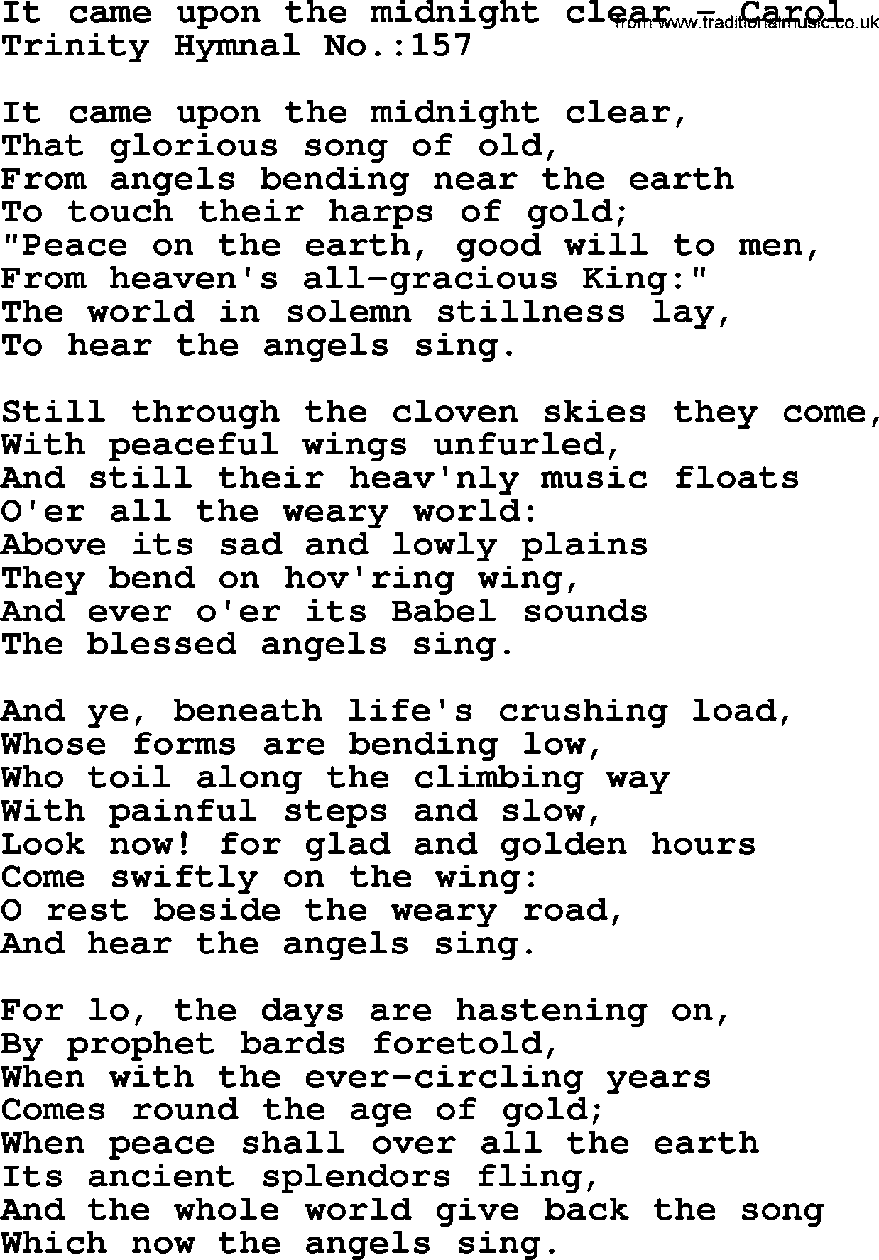 Trinity Hymnal Hymn: It Came Upon The Midnight Clear--Carol, lyrics with midi music
