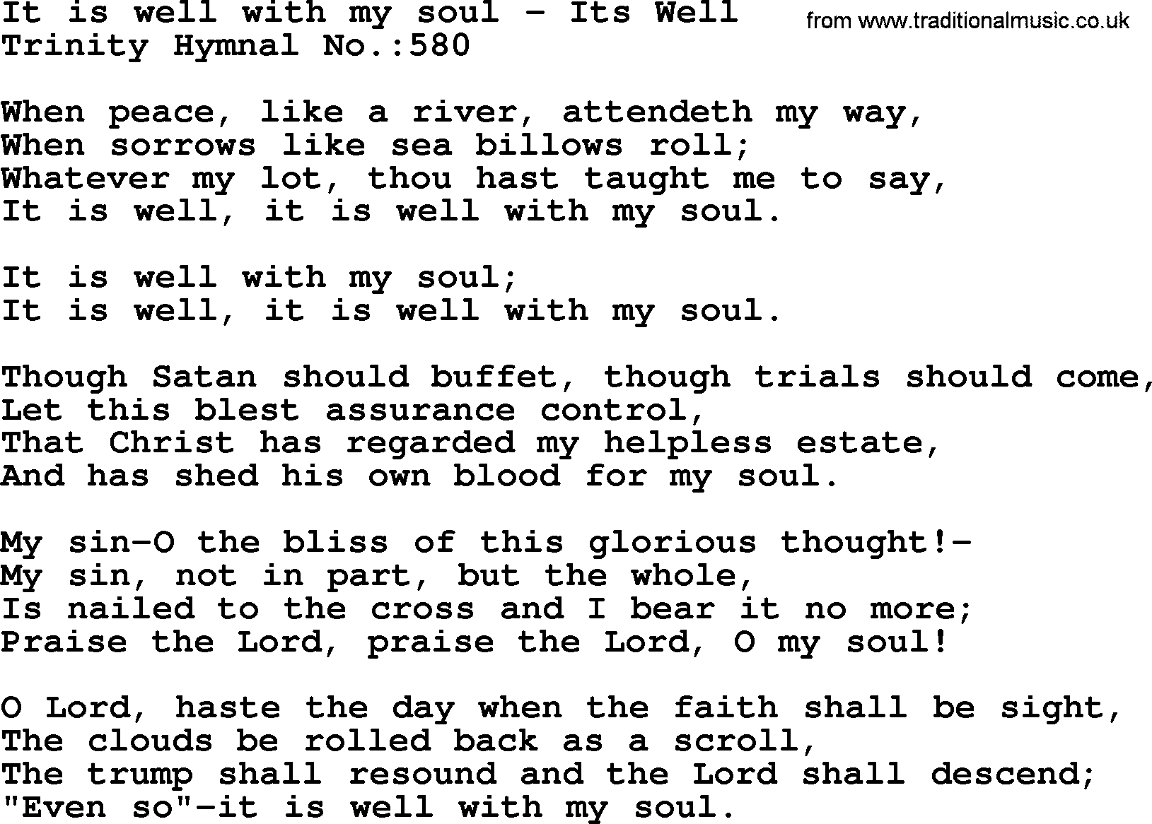 Trinity Hymnal Hymn: It Is Well With My Soul--Its Well, lyrics with midi music