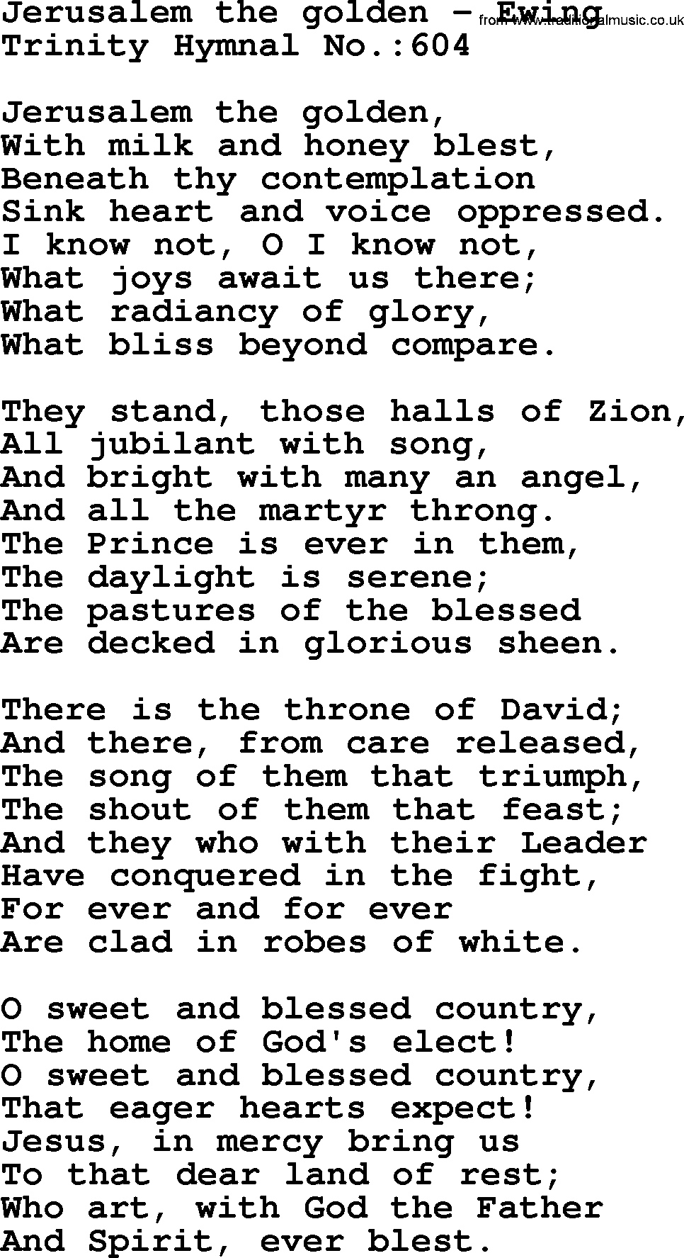 Trinity Hymnal Hymn: Jerusalem The Golden--Ewing, lyrics with midi music