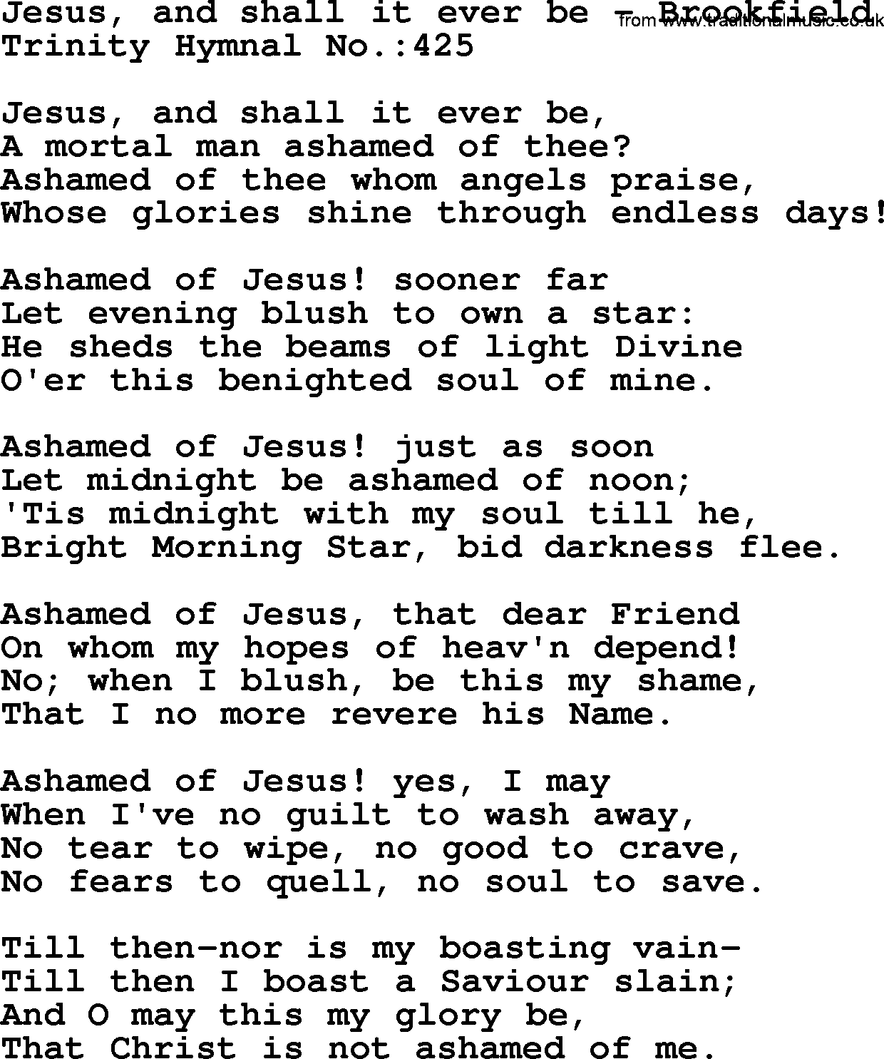 Trinity Hymnal Hymn: Jesus, And Shall It Ever Be--Brookfield, lyrics with midi music