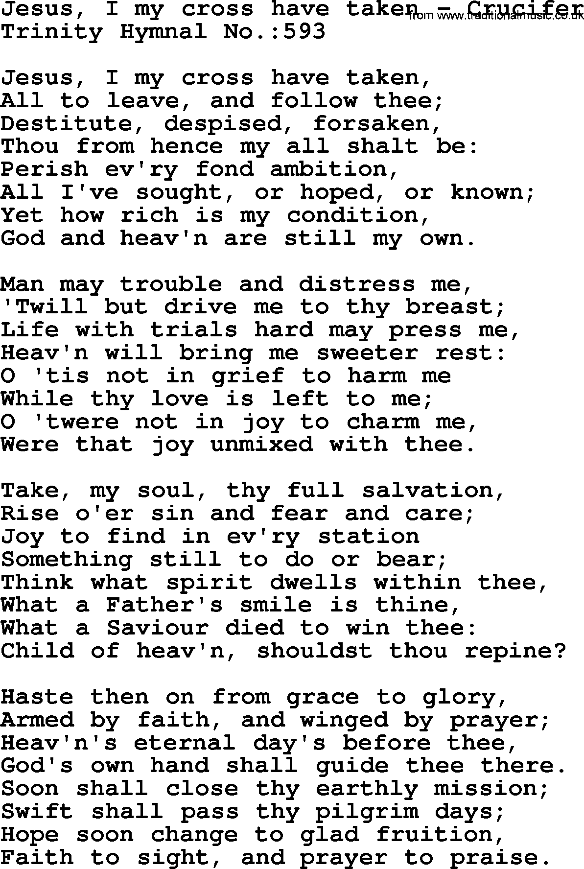 Trinity Hymnal Hymn: Jesus, I My Cross Have Taken--Crucifer, lyrics with midi music
