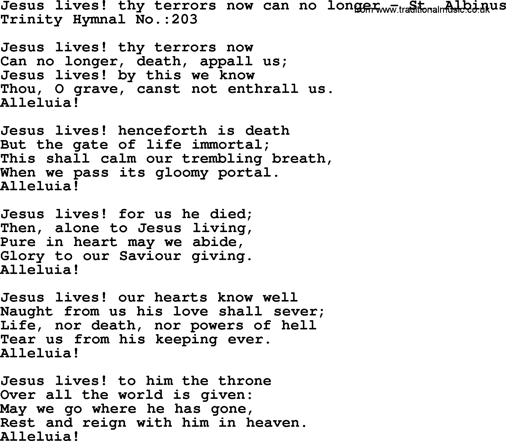 Trinity Hymnal Hymn: Jesus Lives! Thy Terrors Now Can No Longer--St. Albinus, lyrics with midi music
