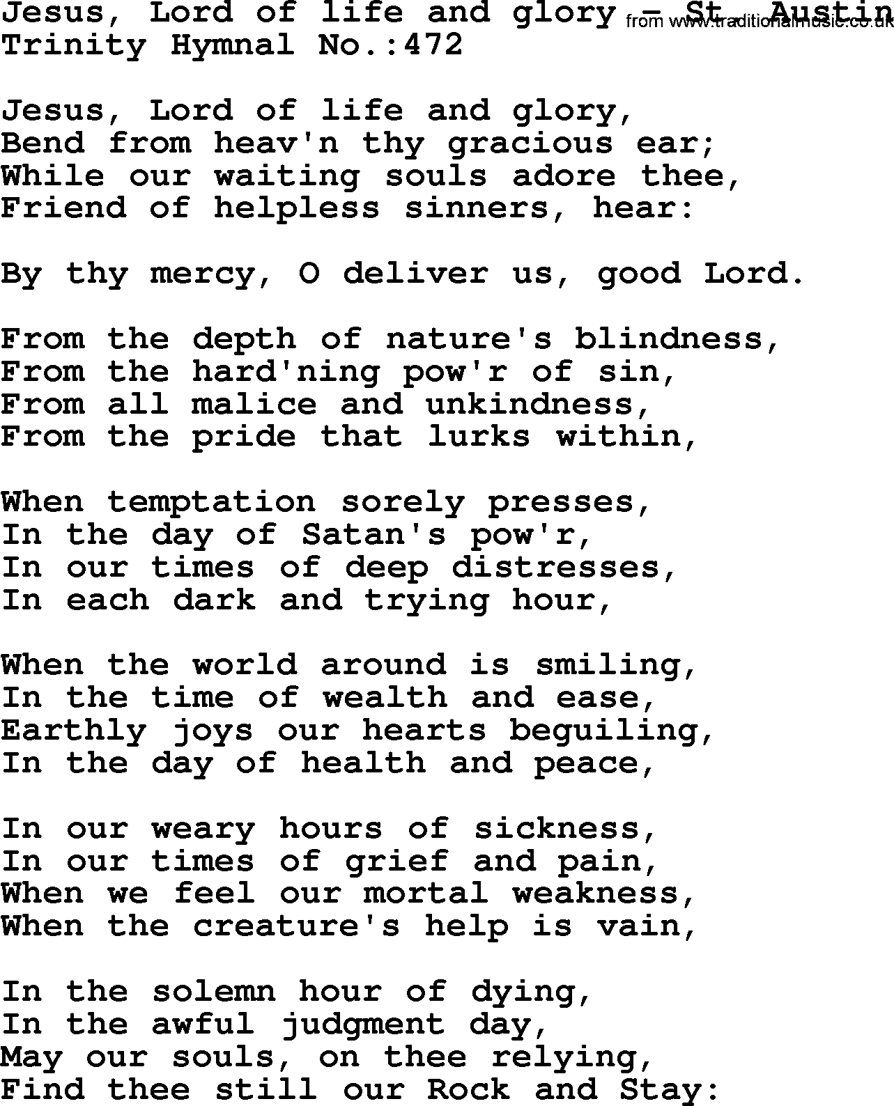 Trinity Hymnal Hymn: Jesus, Lord Of Life And Glory--St. Austin, lyrics with midi music