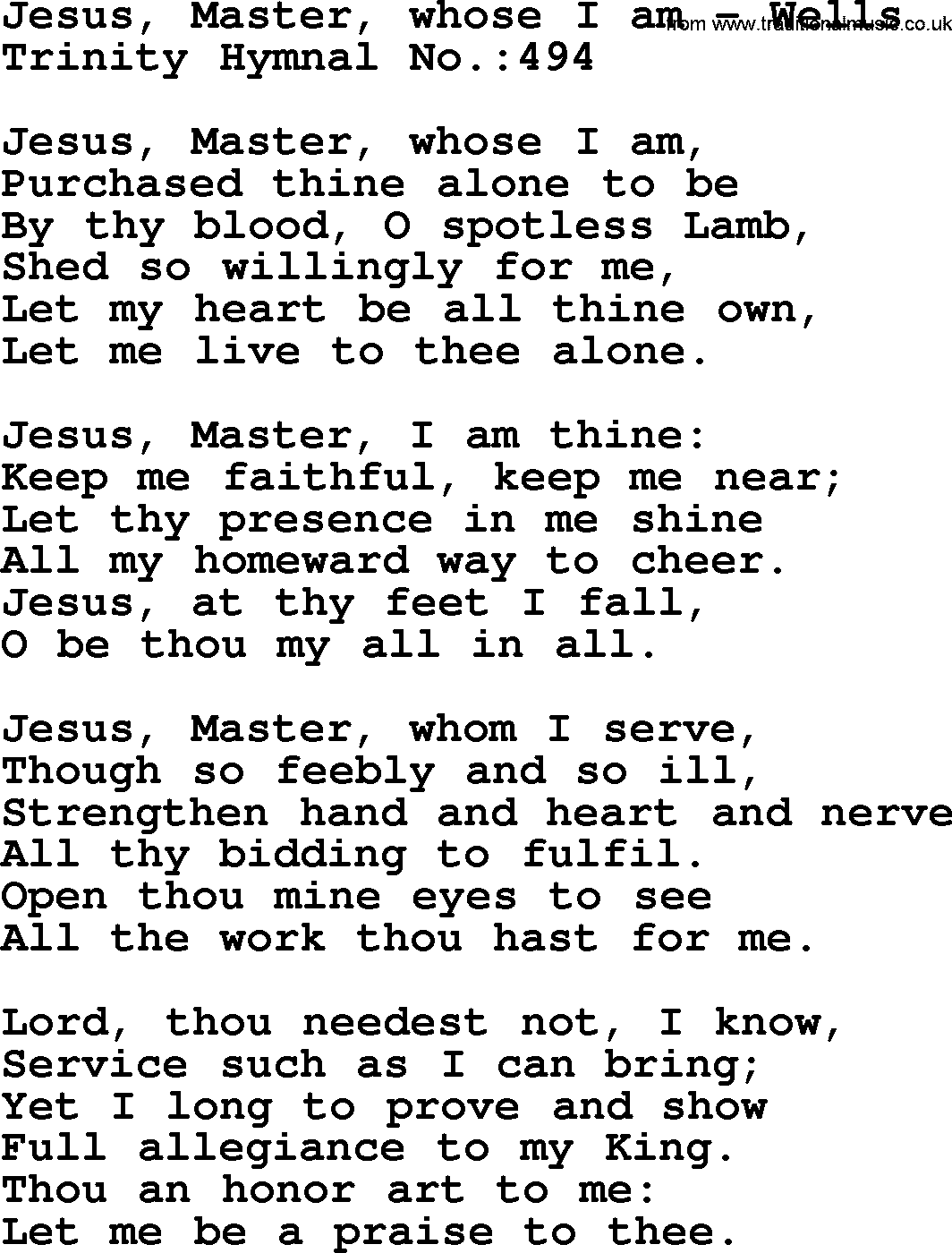 Trinity Hymnal Hymn: Jesus, Master, Whose I Am--Wells, lyrics with midi music