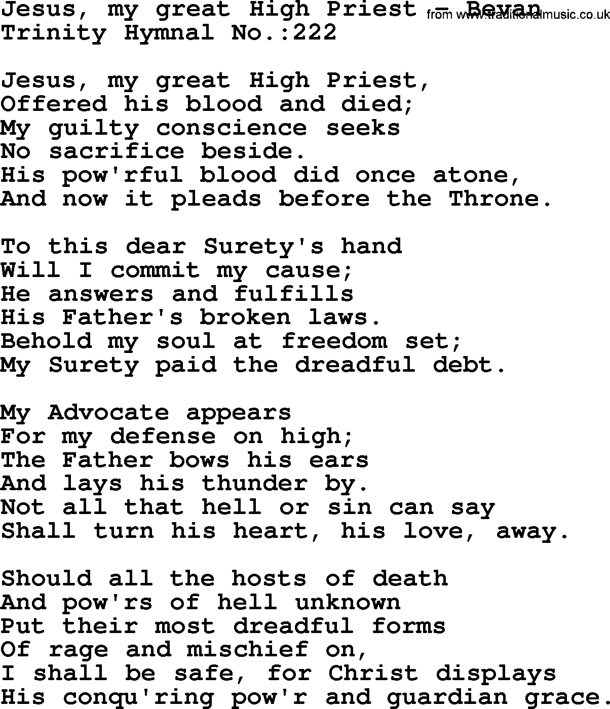 Trinity Hymnal Hymn: Jesus, My Great High Priest--Bevan, lyrics with midi music