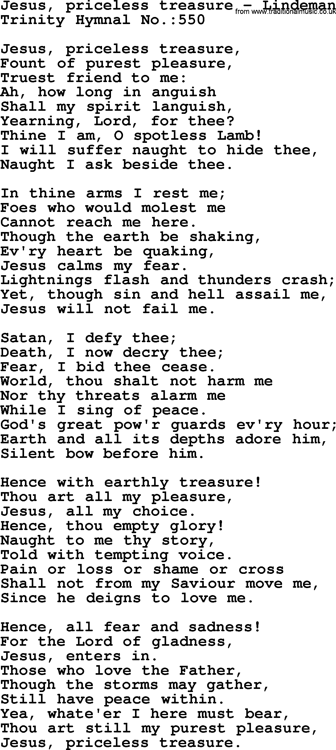 Trinity Hymnal Hymn: Jesus, Priceless Treasure--Lindeman, lyrics with midi music