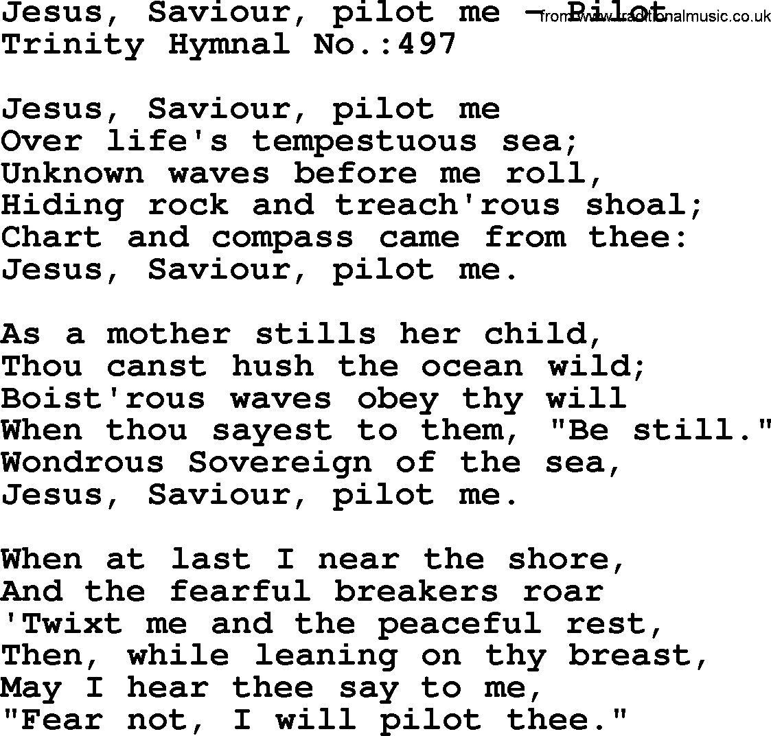 Trinity Hymnal Hymn: Jesus, Saviour, Pilot Me--Pilot, lyrics with midi music