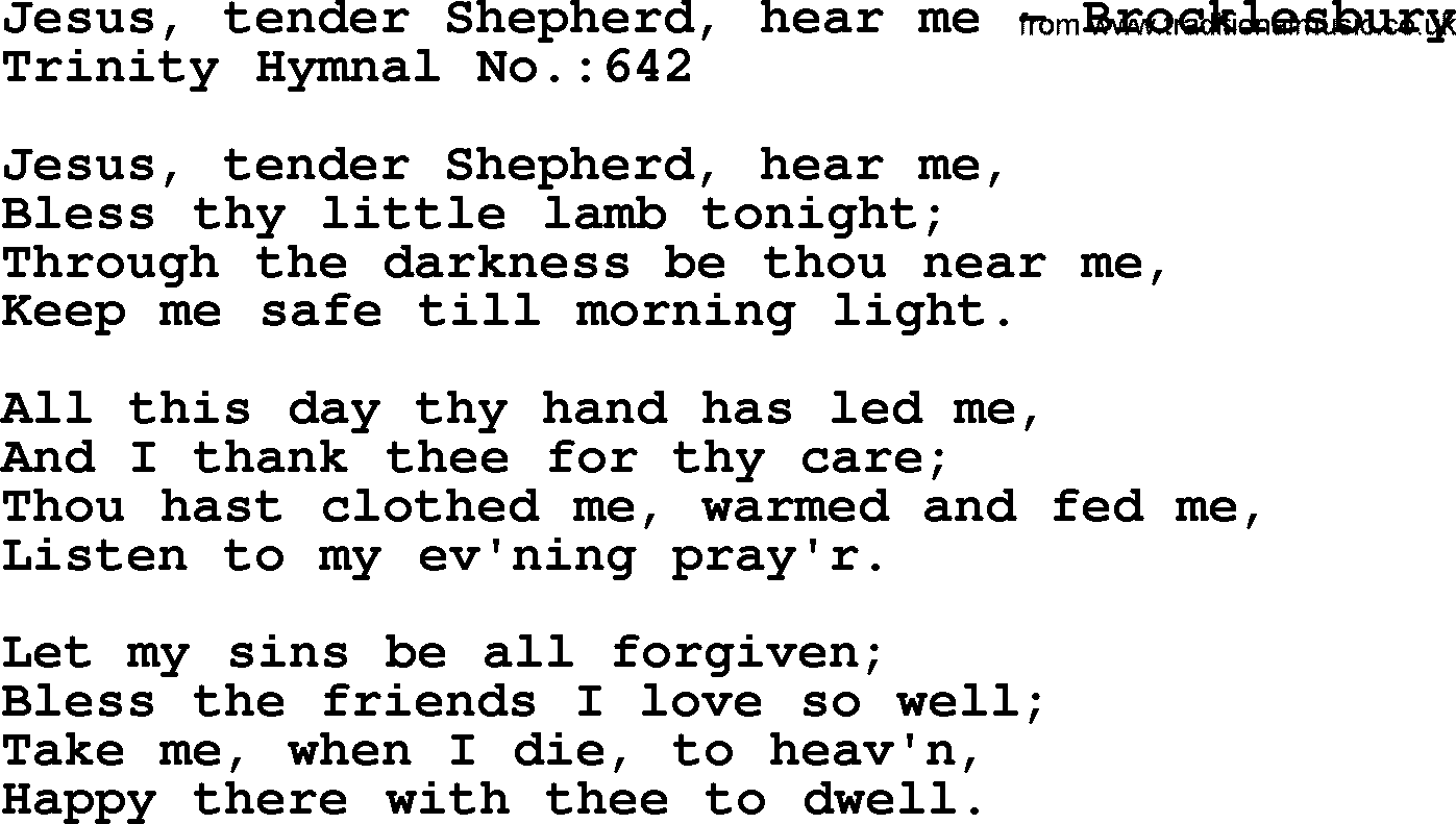 Trinity Hymnal Hymn: Jesus, Tender Shepherd, Hear Me--Brocklesbury, lyrics with midi music