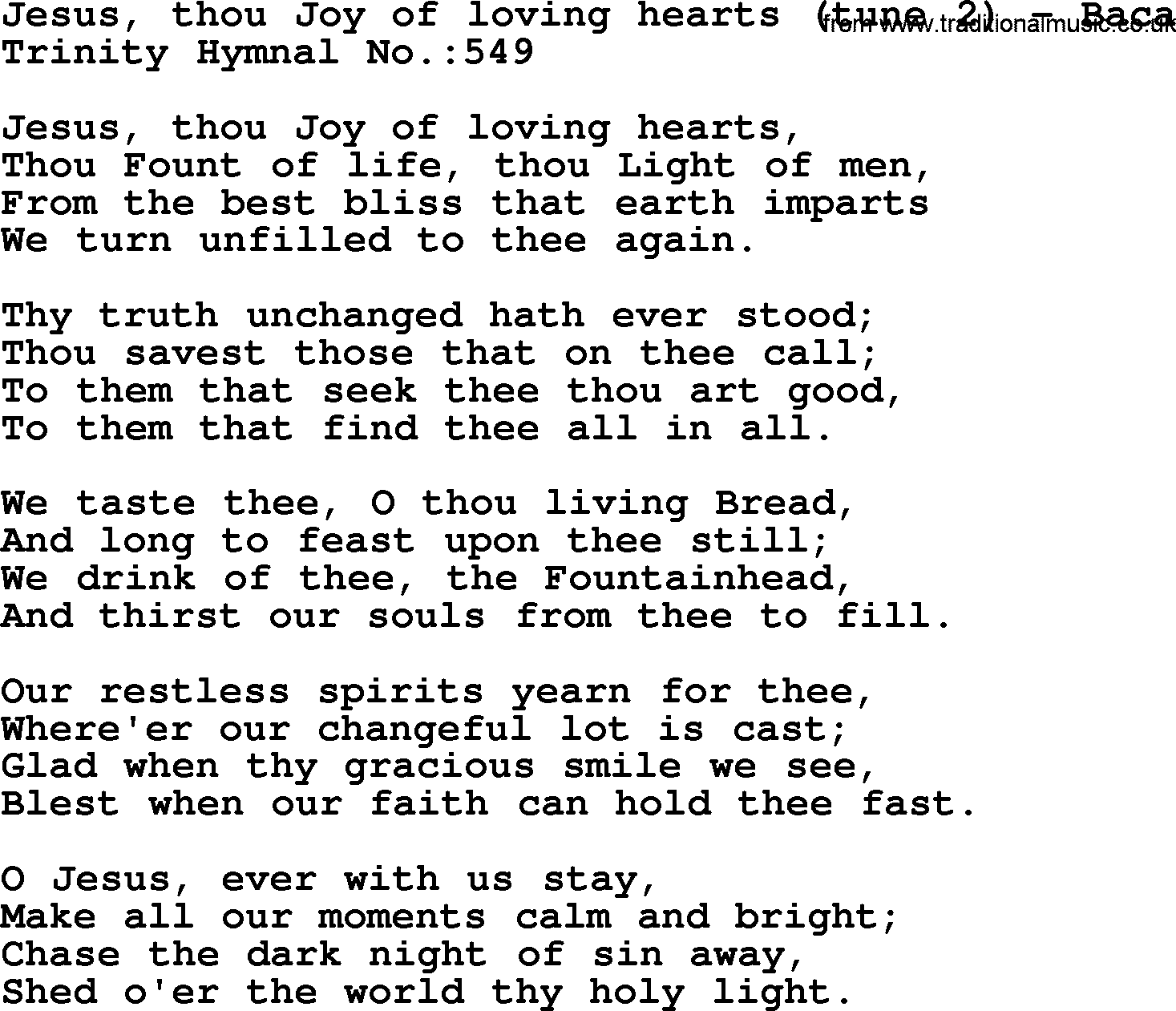 Trinity Hymnal Hymn: Jesus, Thou Joy Of Loving Hearts--Baca, lyrics with midi music