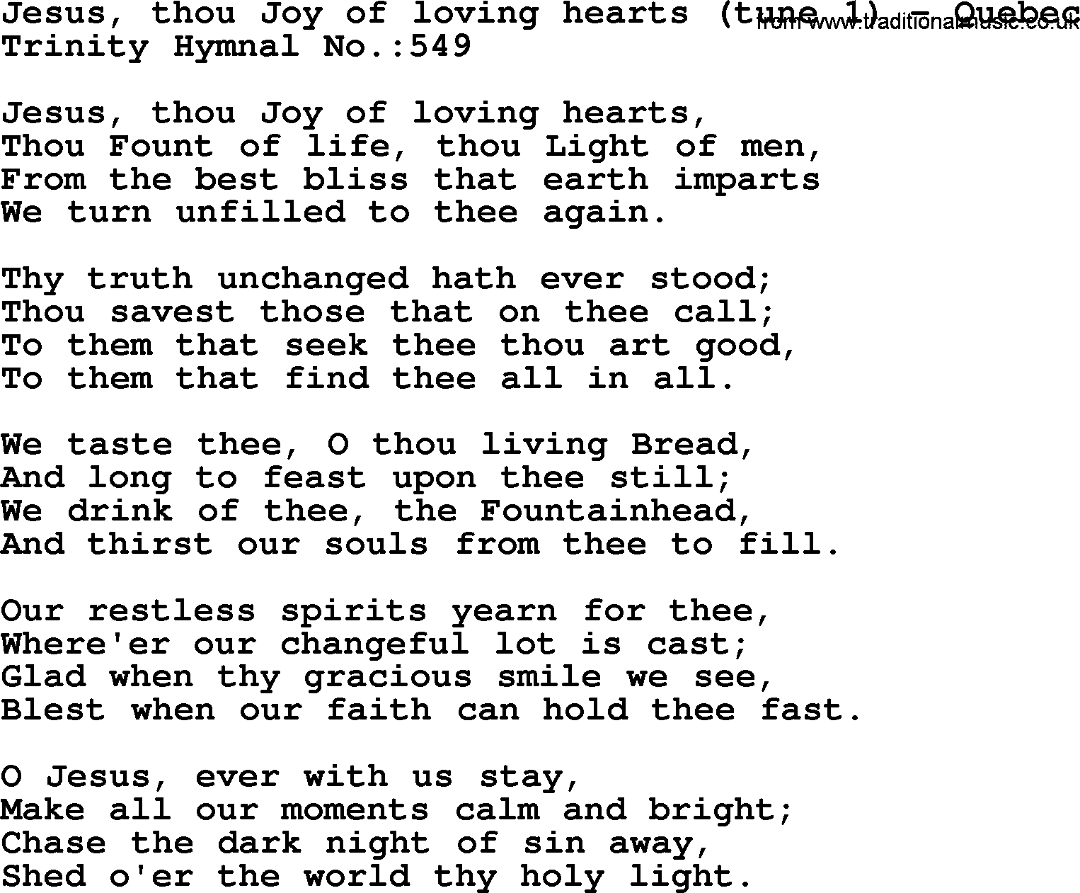 Trinity Hymnal Hymn: Jesus, Thou Joy Of Loving Hearts--Quebec, lyrics with midi music