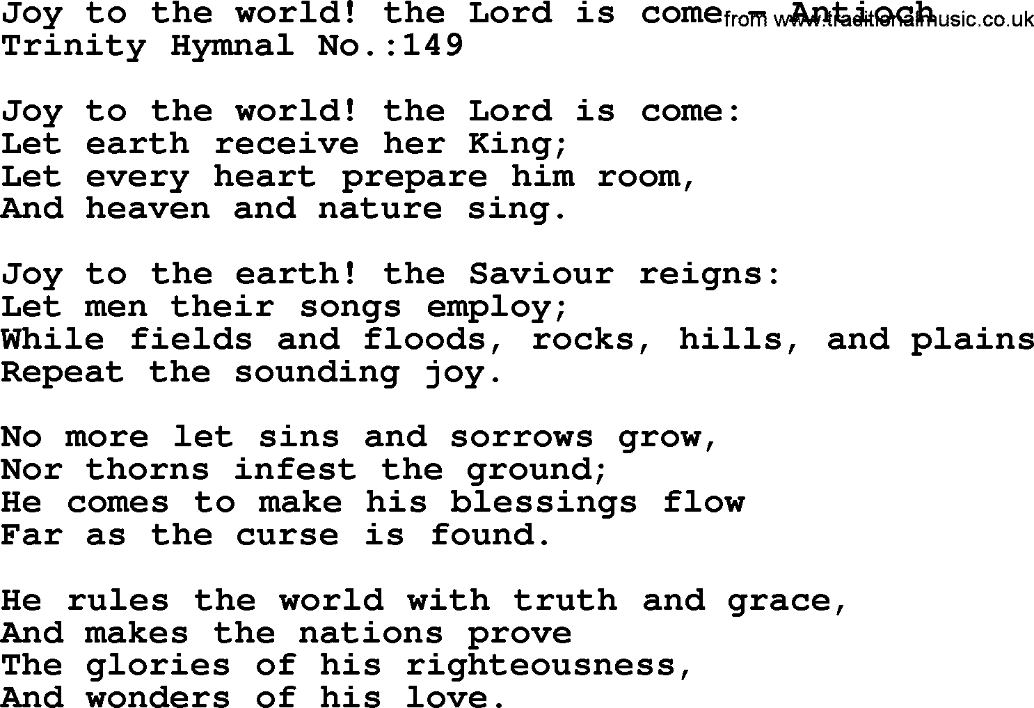 Trinity Hymnal Hymn: Joy To The World! The Lord Is Come--Antioch, lyrics with midi music
