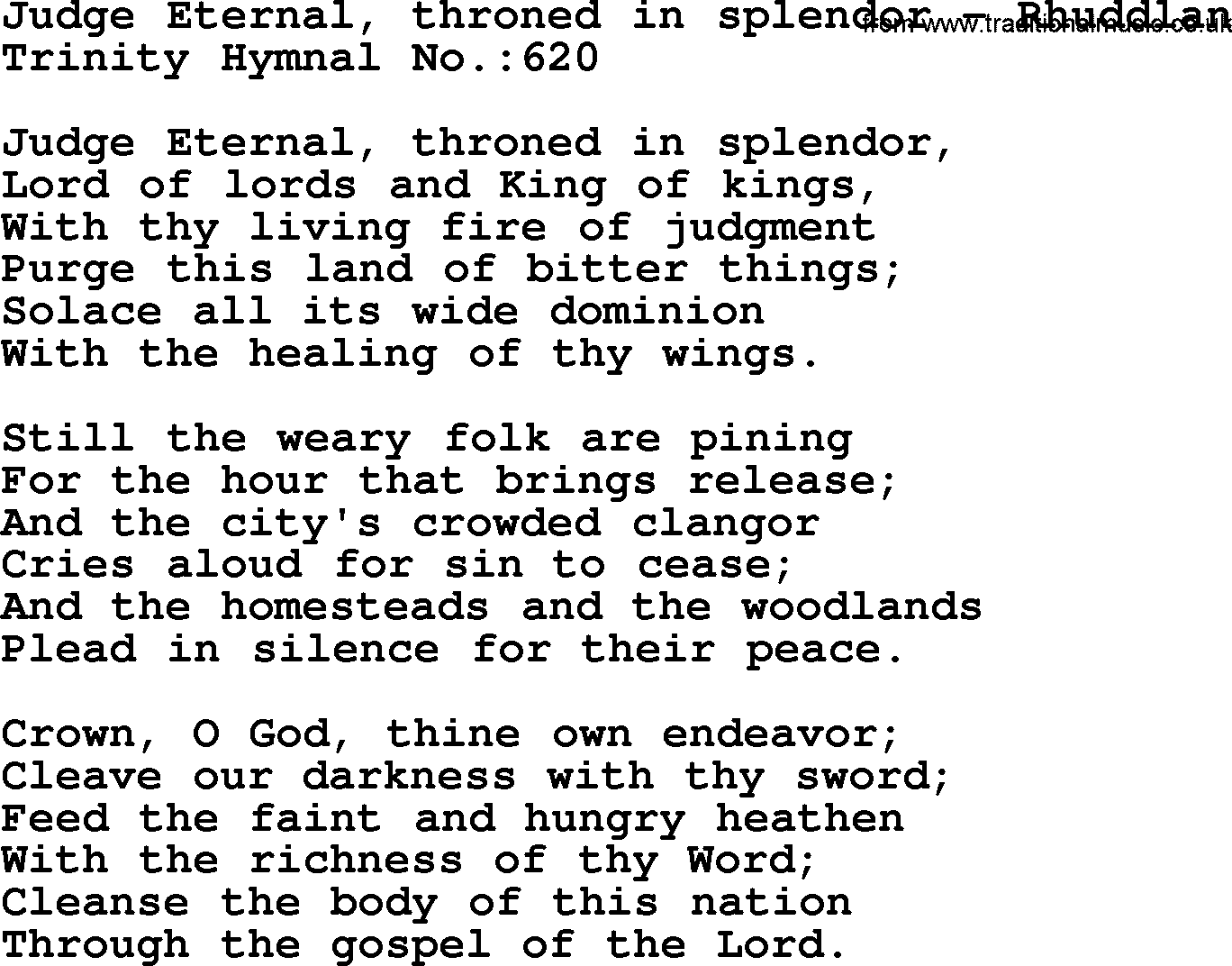 Trinity Hymnal Hymn: Judge Eternal, Throned In Splendor--Rhuddlan, lyrics with midi music