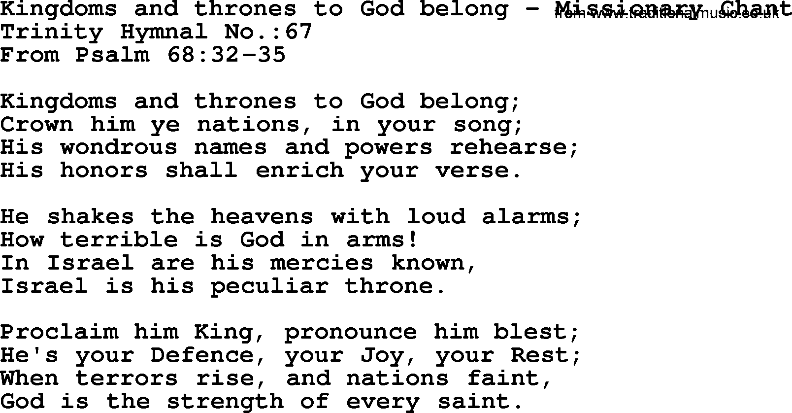 Trinity Hymnal Hymn: Kingdoms And Thrones To God Belong--Missionary Chant, lyrics with midi music