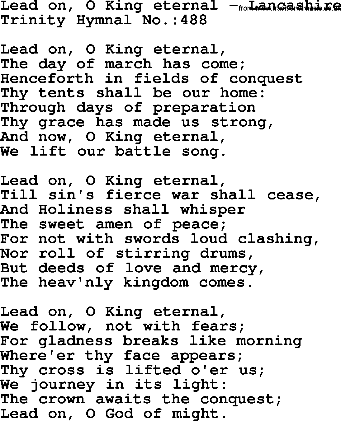 Trinity Hymnal Hymn: Lead On, O King Eternal--Lancashire, lyrics with midi music