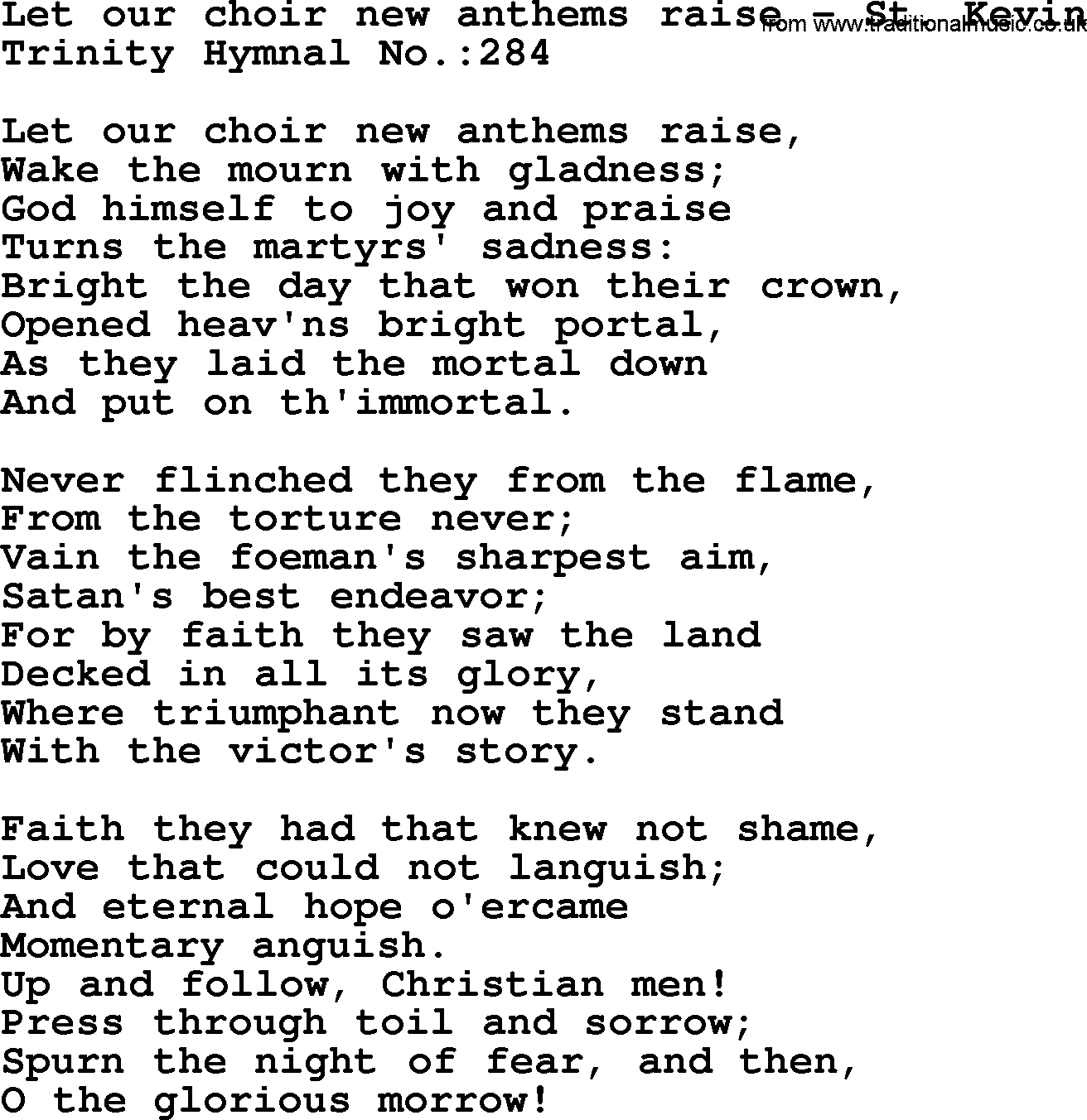 Trinity Hymnal Hymn: Let Our Choir New Anthems Raise--St. Kevin, lyrics with midi music