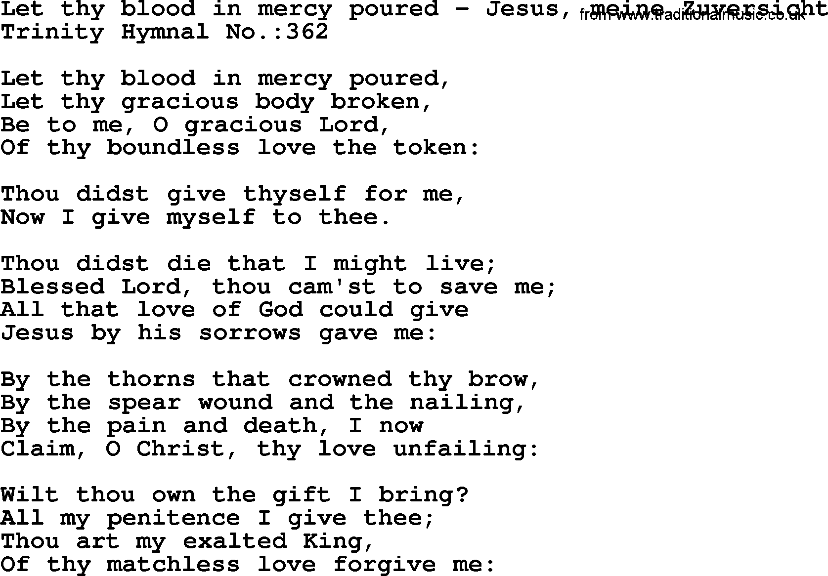 Trinity Hymnal Hymn: Let Thy Blood In Mercy Poured--Jesus, Meine Zuversicht, lyrics with midi music