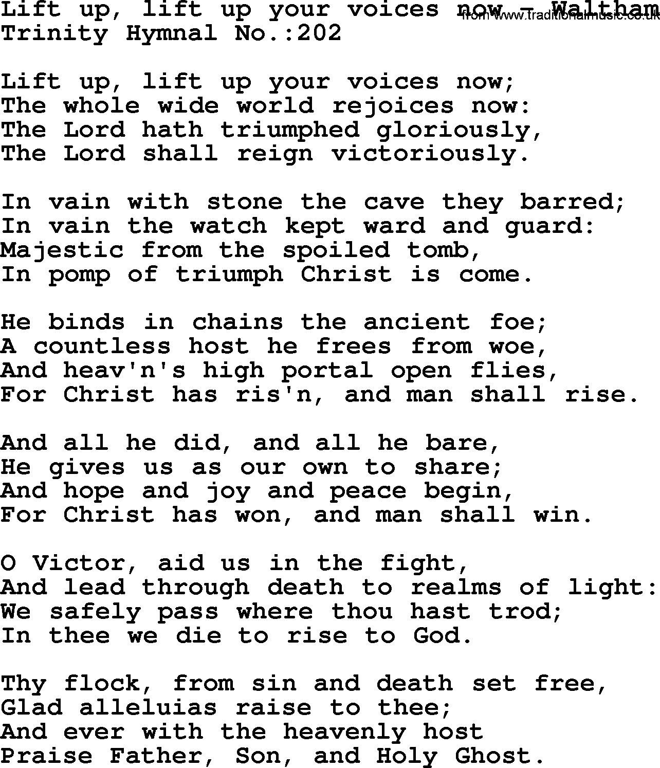 Trinity Hymnal Hymn: Lift Up, Lift Up Your Voices Now--Waltham, lyrics with midi music