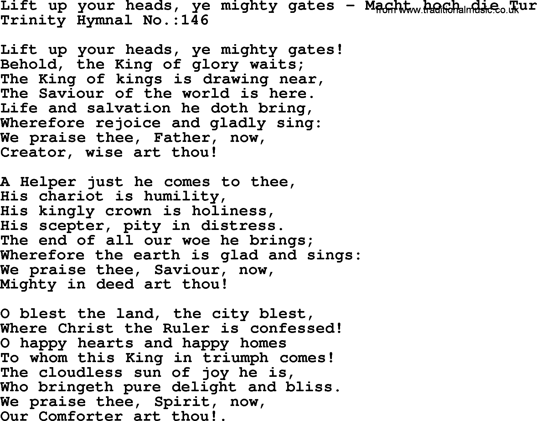 Trinity Hymnal Hymn: Lift Up Your Heads, Ye Mighty Gates--Macht Hoch Die Tur, lyrics with midi music