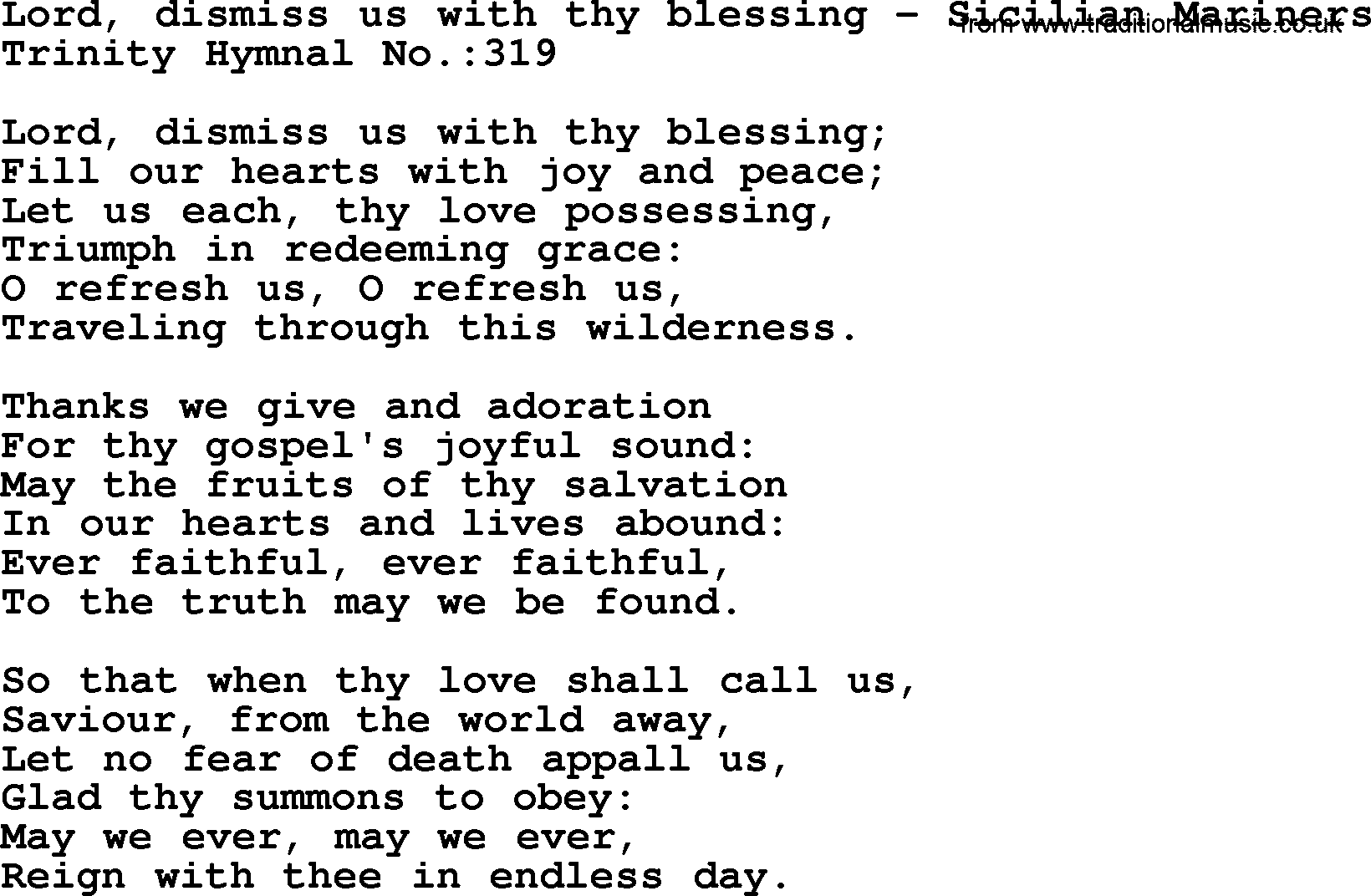 Trinity Hymnal Hymn: Lord, Dismiss Us With Thy Blessing--Sicilian Mariners, lyrics with midi music